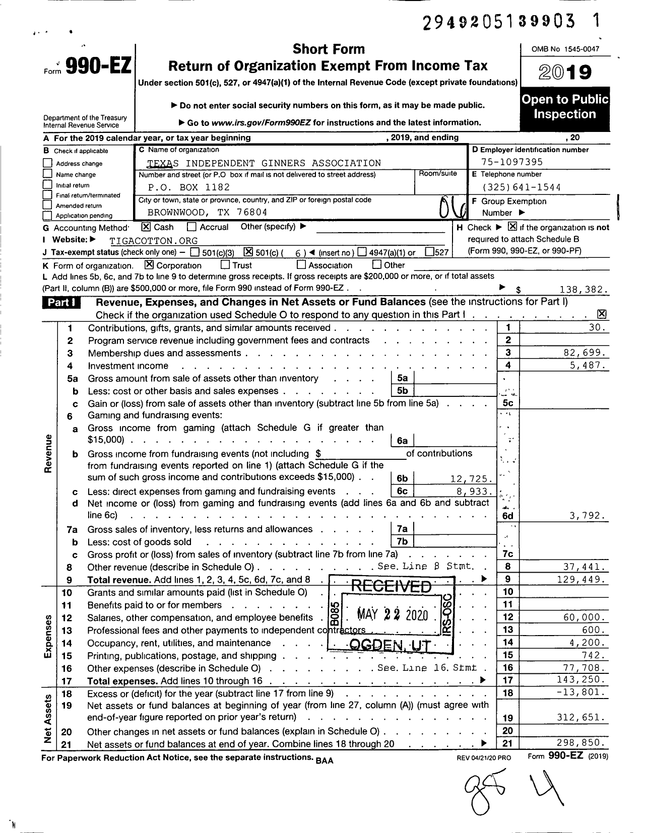 Image of first page of 2019 Form 990EO for Texas Independent Ginners Association