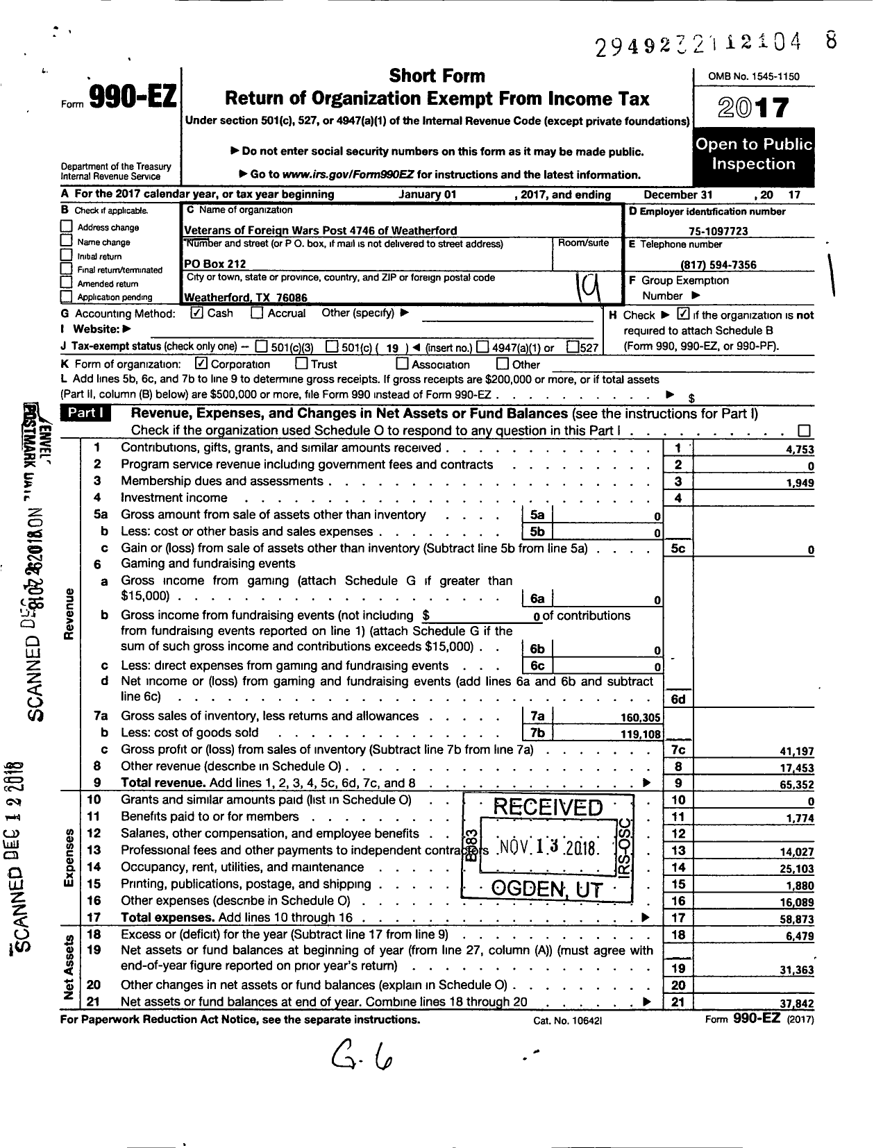 Image of first page of 2017 Form 990EO for Texas VFW - 4746 R D Nelson Memorial Post