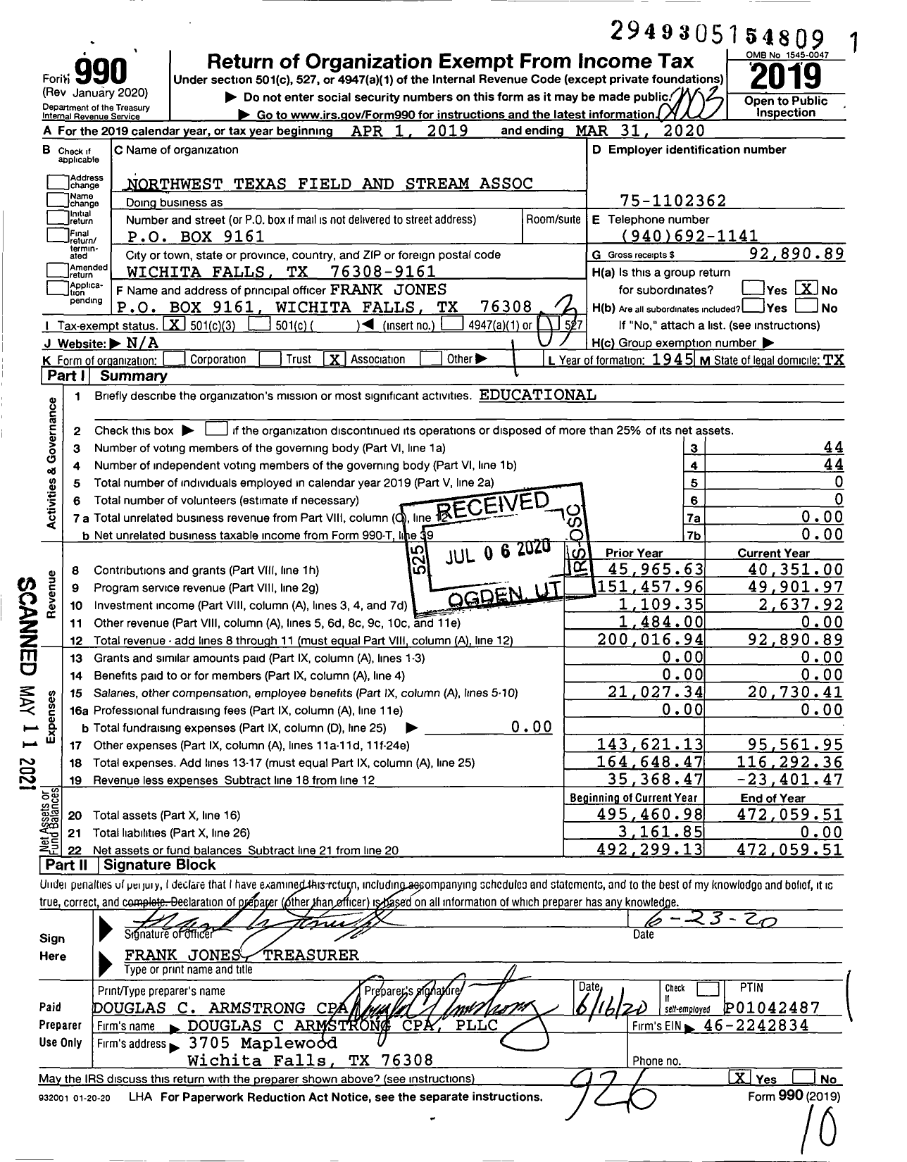 Image of first page of 2019 Form 990 for Northwest Texas Field and Stream Association