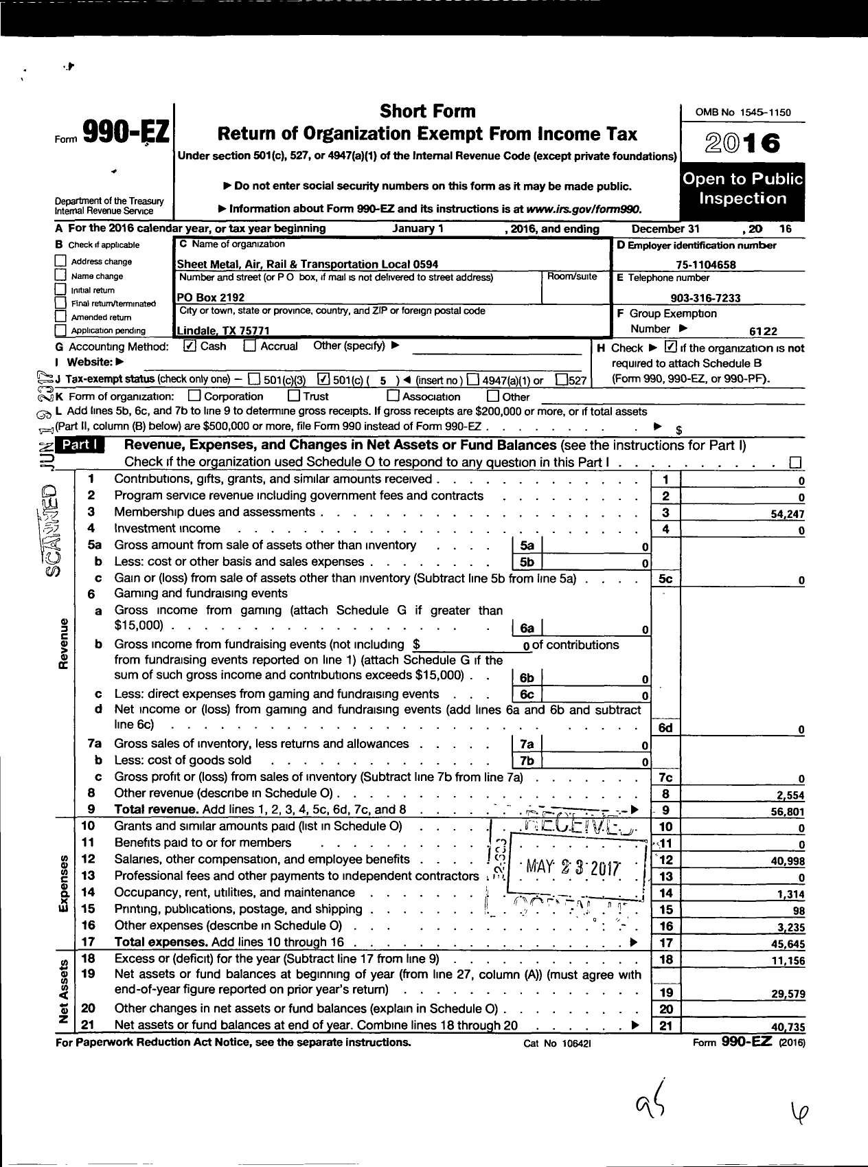 Image of first page of 2016 Form 990EO for Smart Union - 594 TD