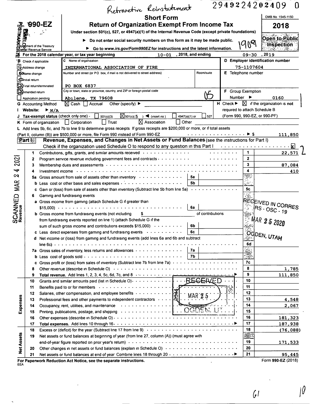 Image of first page of 2018 Form 990EO for International Association of Fire