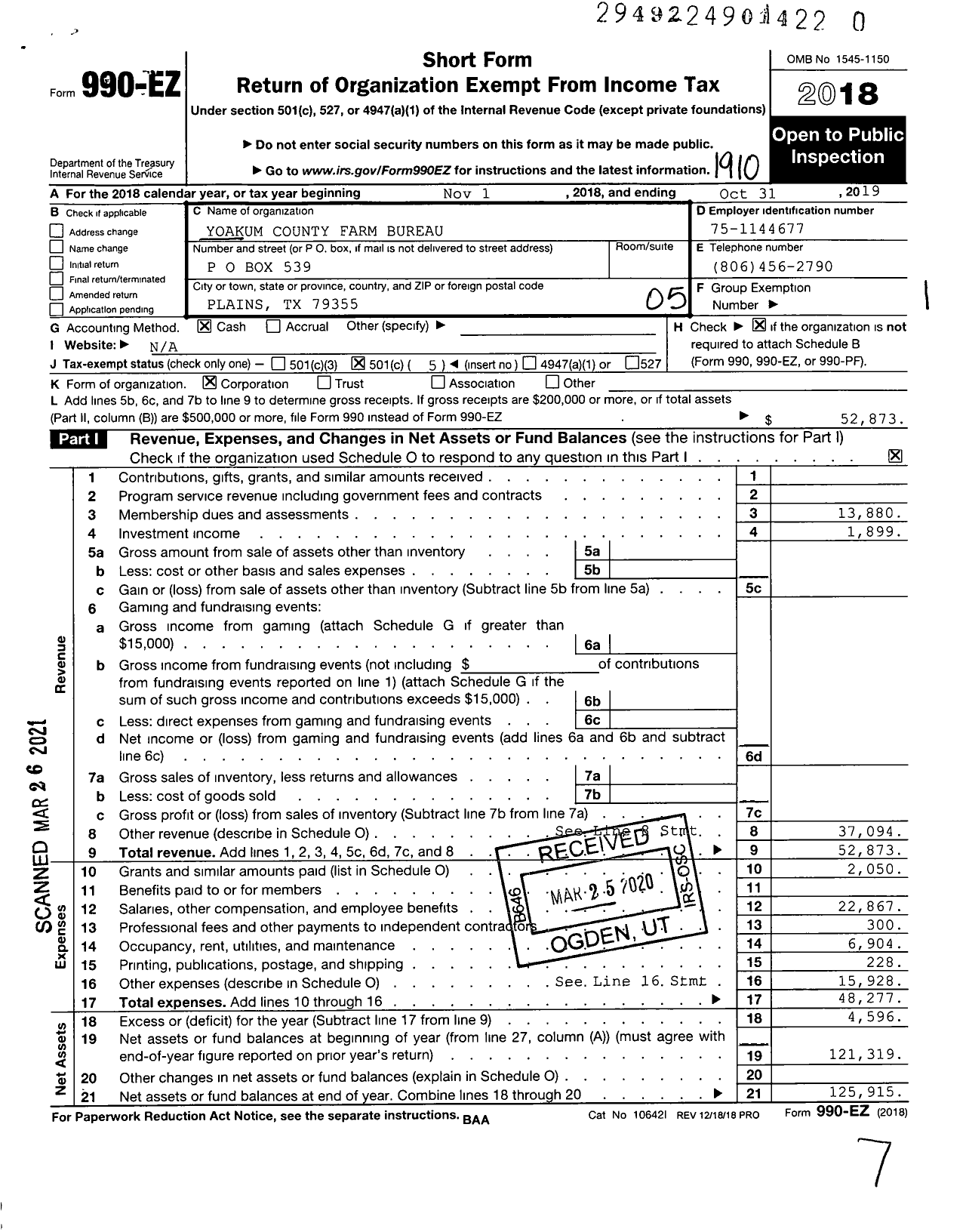 Image of first page of 2018 Form 990EO for Yoakum County Farm Bureau