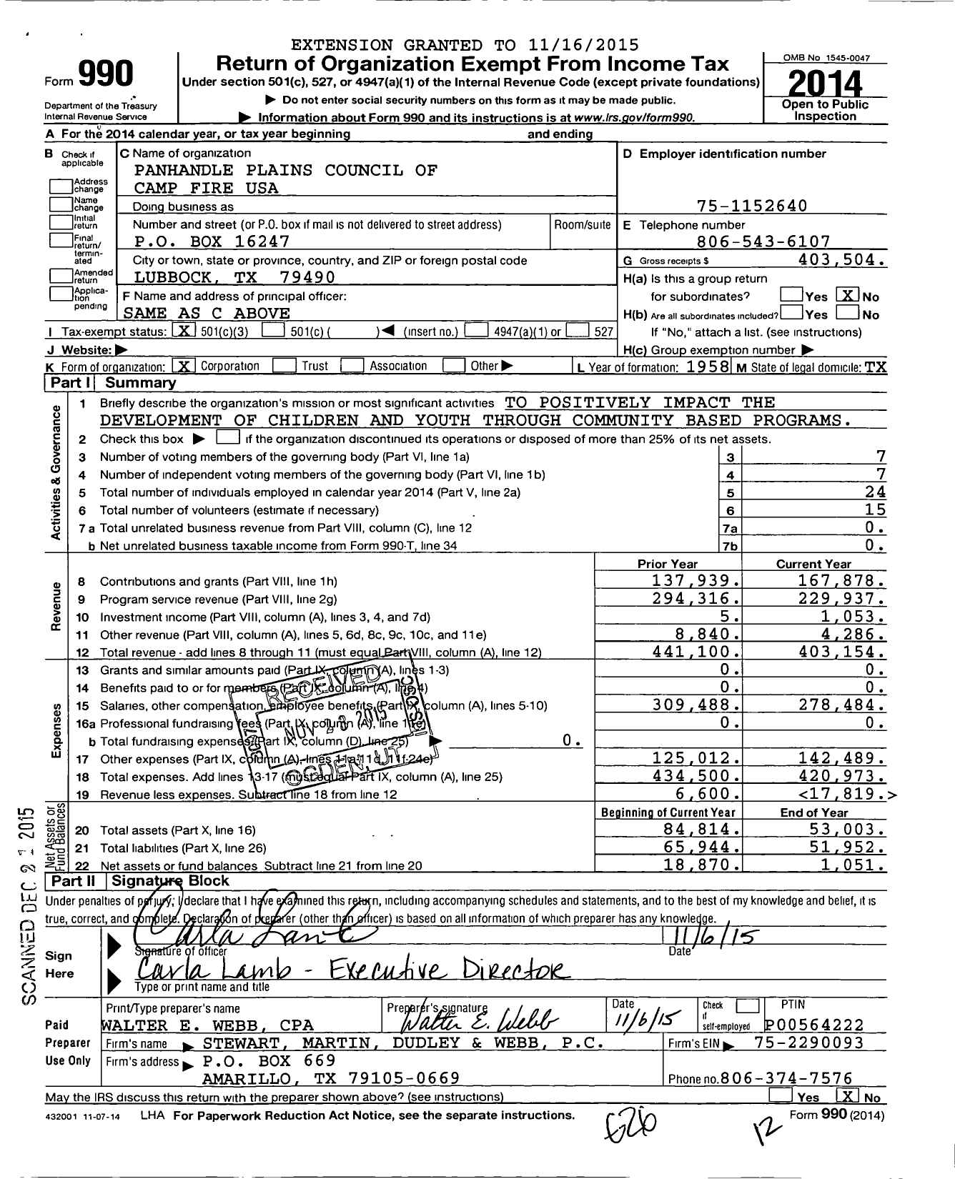 Image of first page of 2014 Form 990 for Panhandle Plains Council of Camp Fire USA