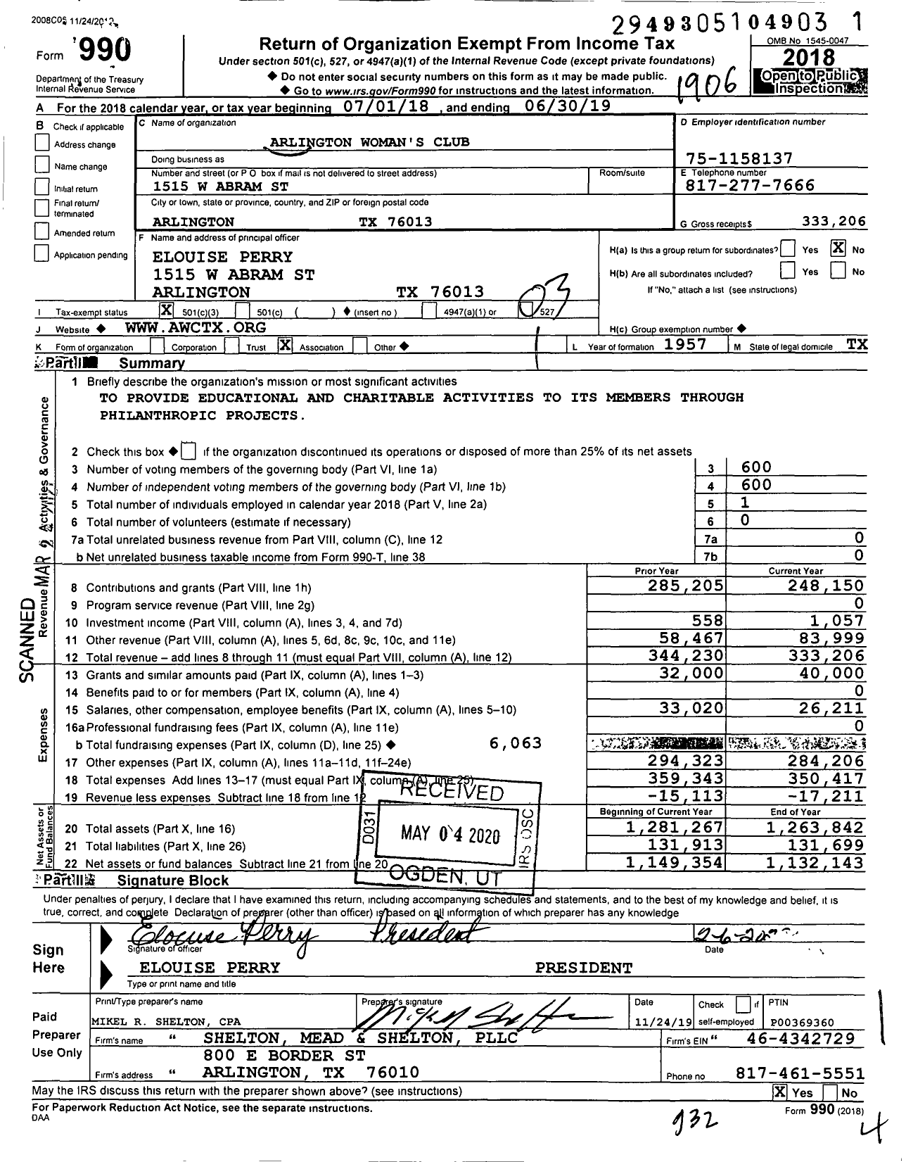 Image of first page of 2018 Form 990 for Arlington Woman's Club