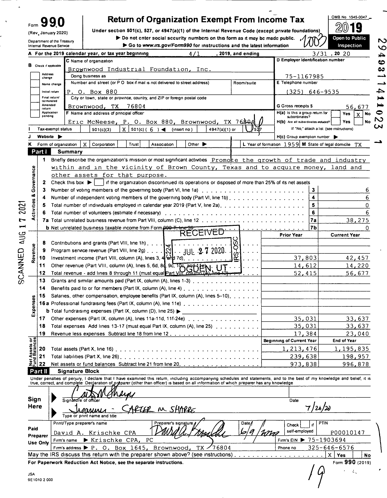 Image of first page of 2019 Form 990O for Brownwood Industrial Foundation