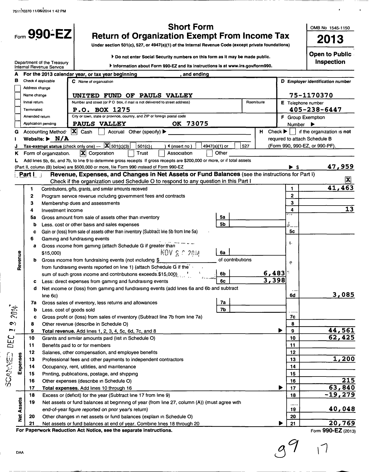 Image of first page of 2013 Form 990EZ for United Fund of Pauls Valley
