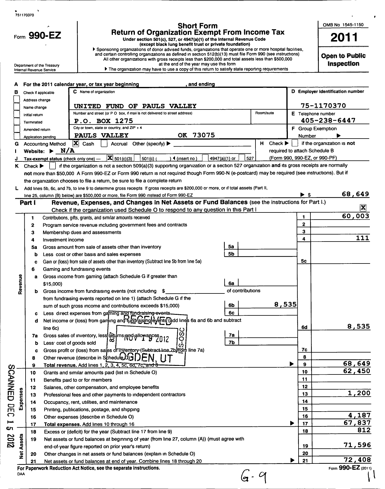 Image of first page of 2011 Form 990EZ for United Fund of Pauls Valley