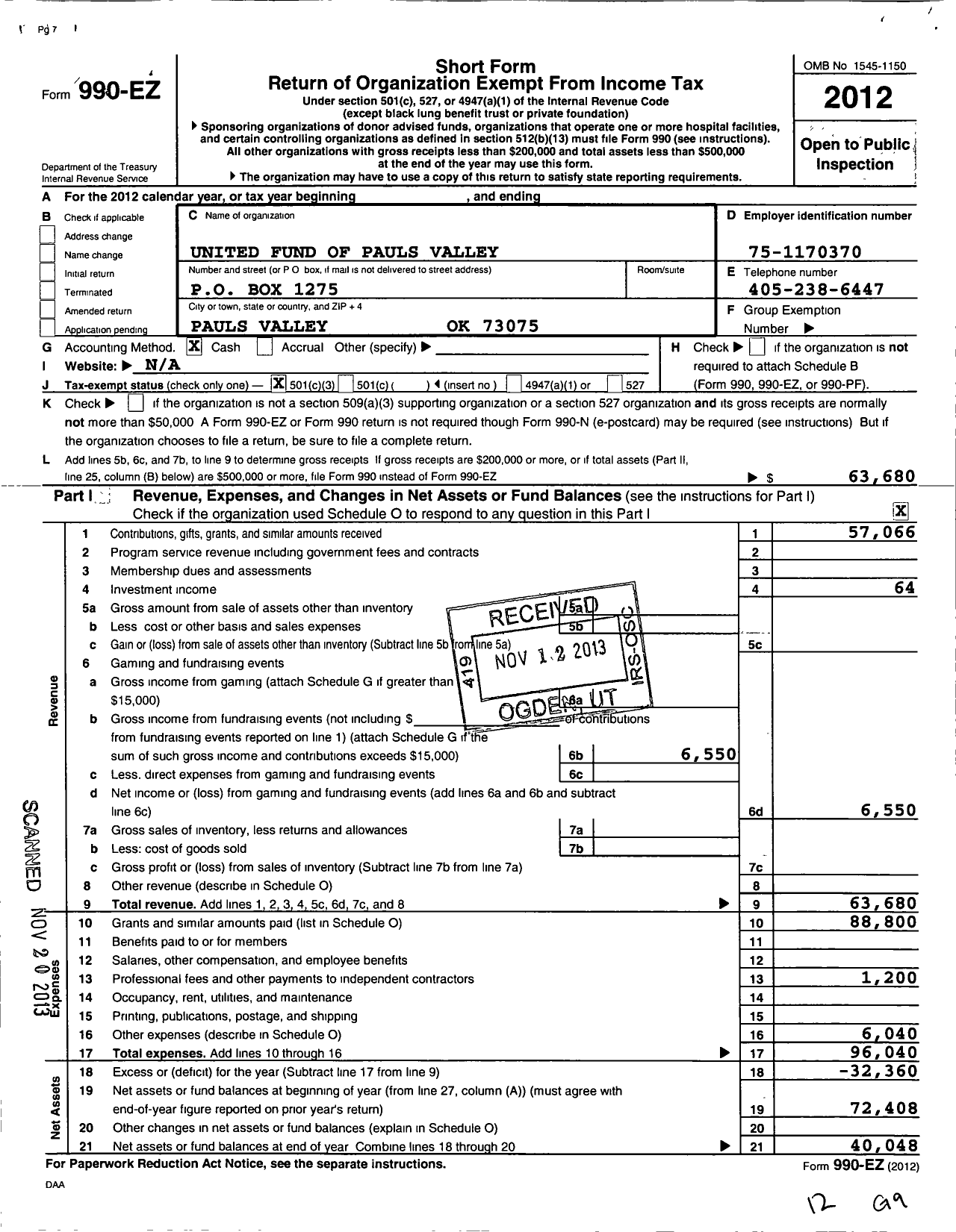 Image of first page of 2012 Form 990EZ for United Fund of Pauls Valley