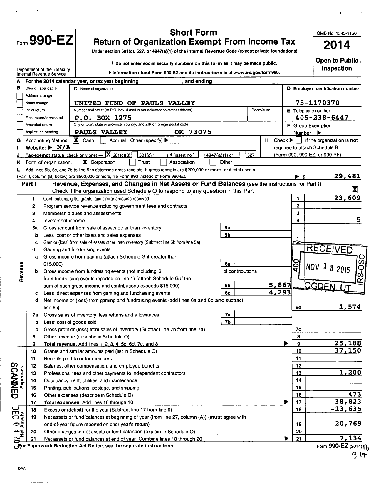 Image of first page of 2014 Form 990EZ for United Fund of Pauls Valley