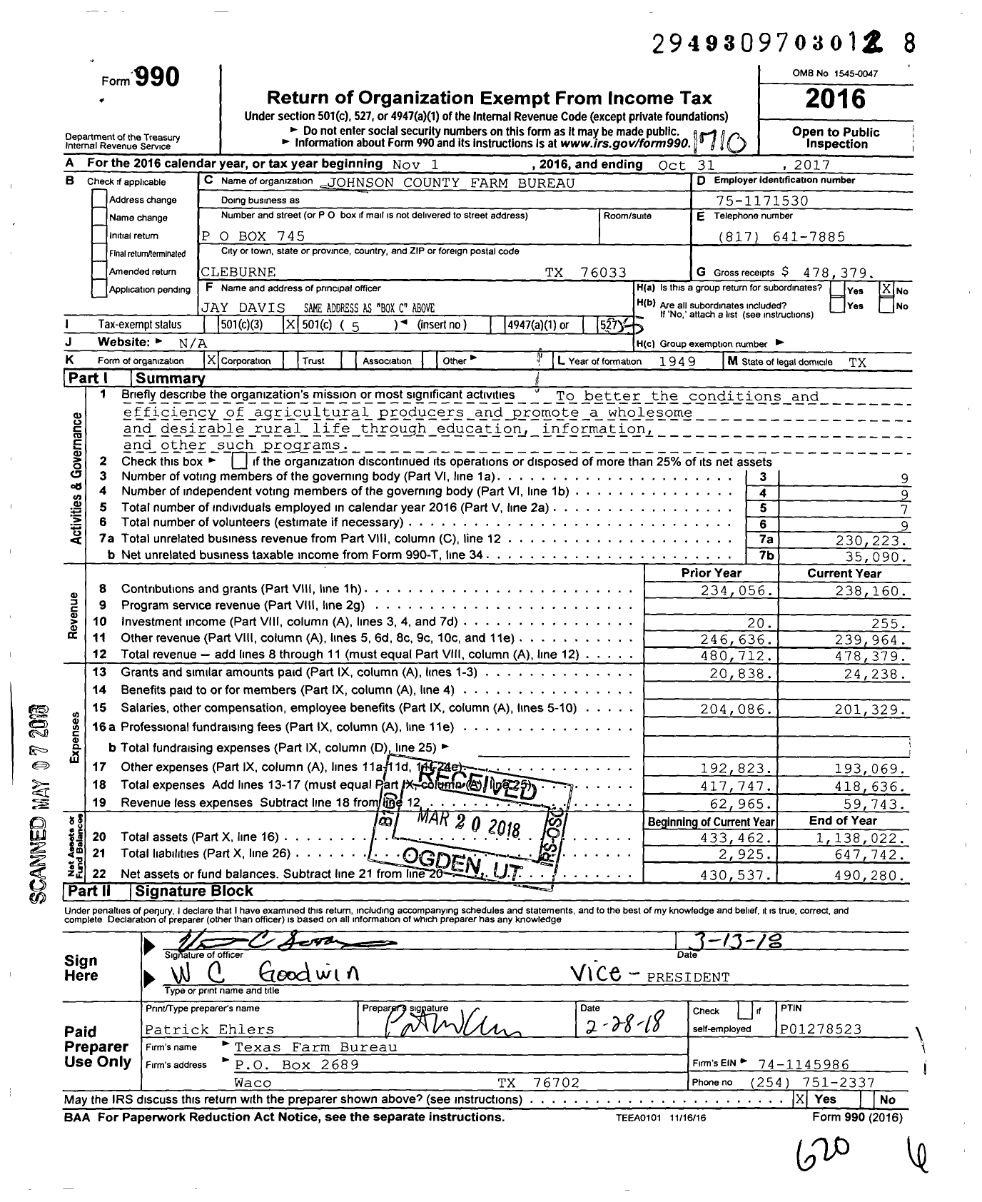 Image of first page of 2016 Form 990O for Johnson County Farm Bureau