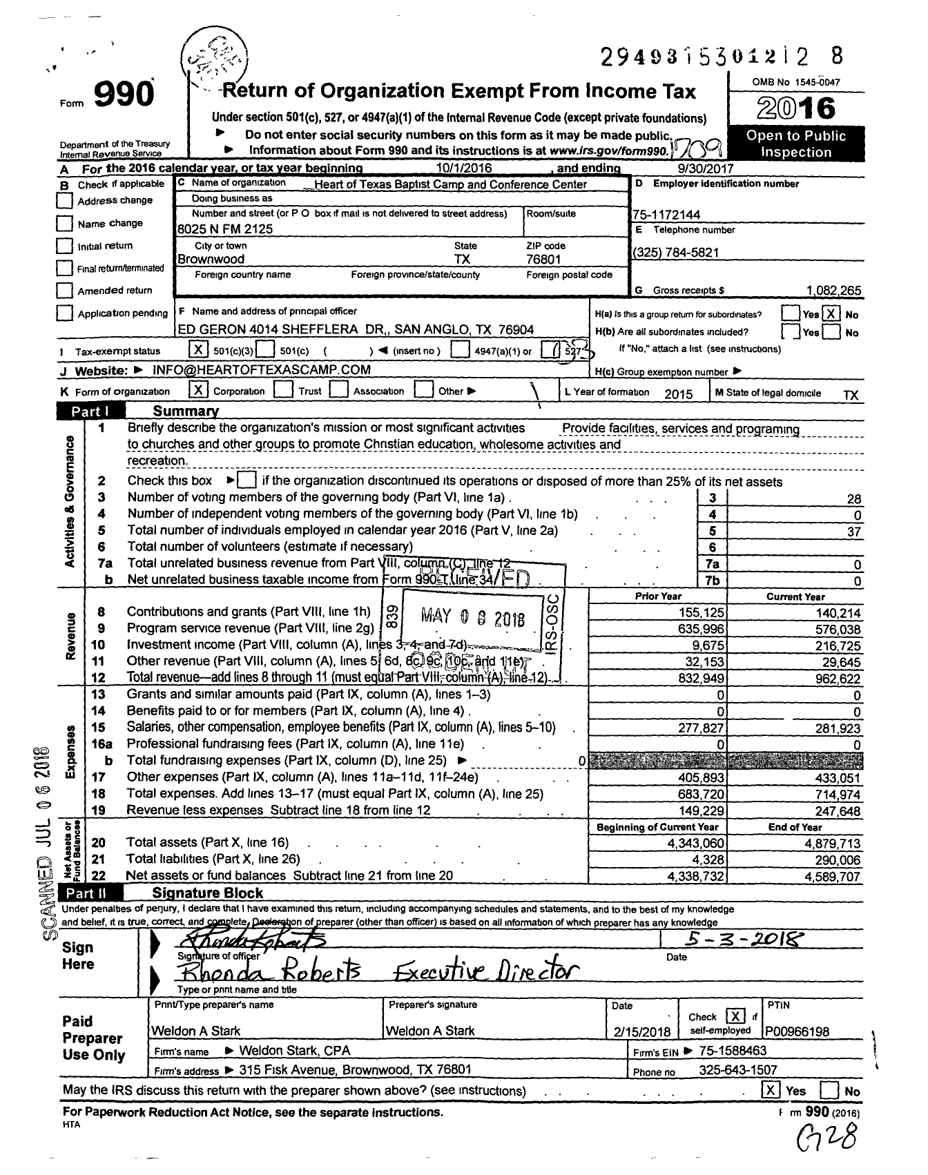 Image of first page of 2016 Form 990 for Heart of Texas Baptist Camp and Conference Center