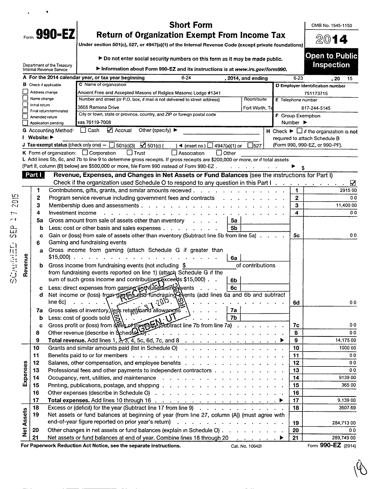 Image of first page of 2014 Form 990EO for Freemasons in Texas - 1341 Ridglea