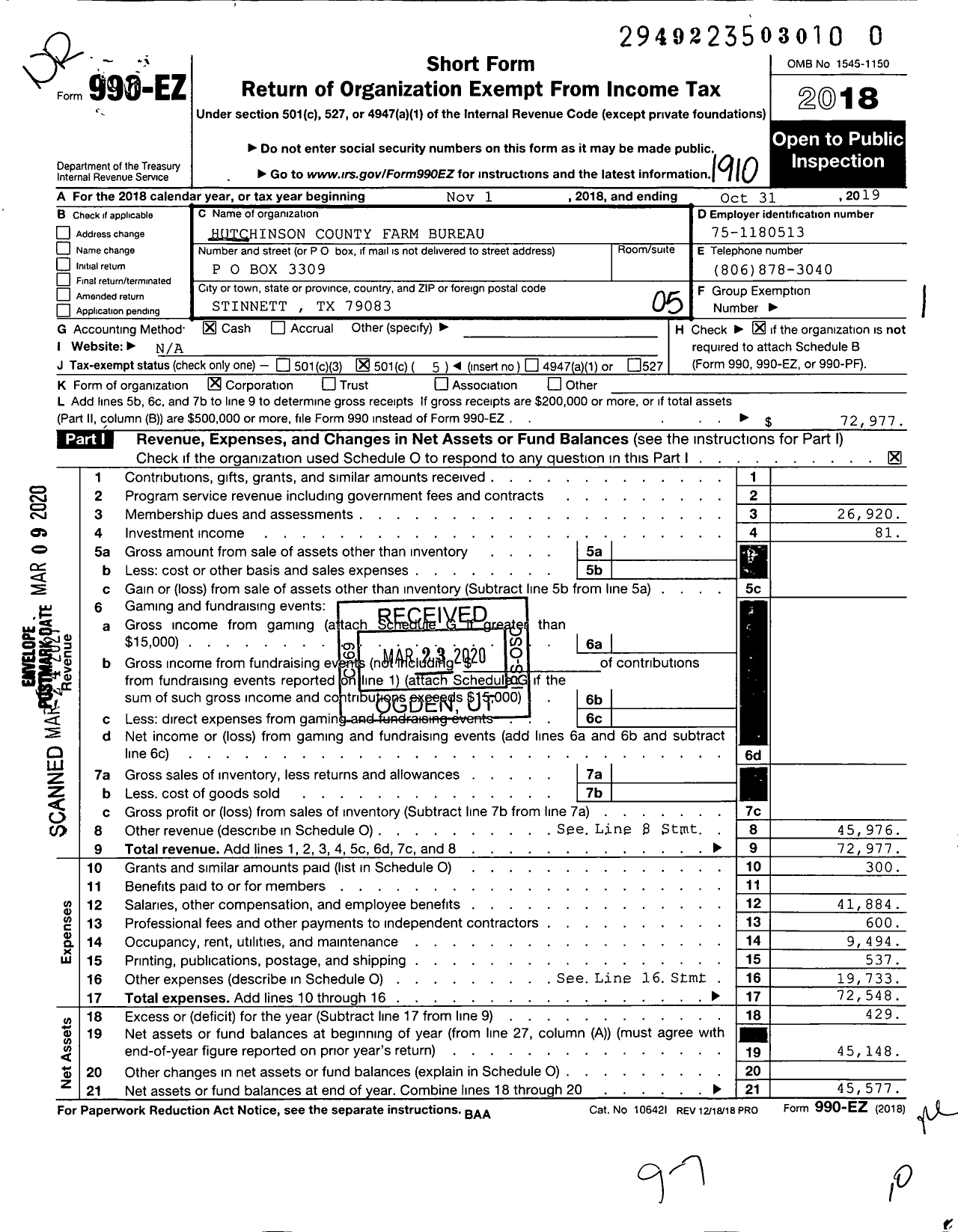 Image of first page of 2018 Form 990EO for Hutchinson County Farm Bureau