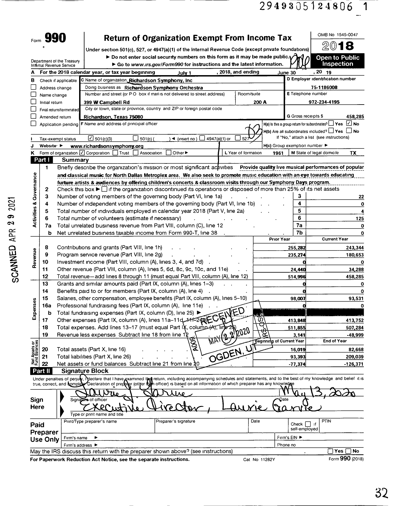 Image of first page of 2018 Form 990 for Richardson Symphony Orchestra