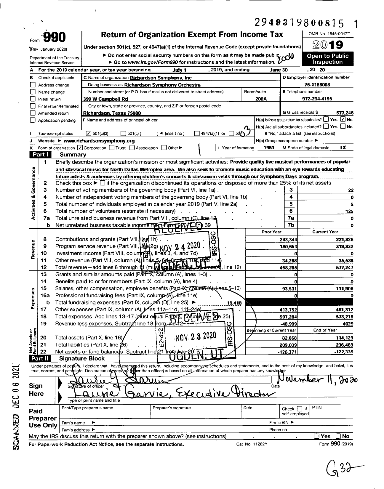 Image of first page of 2019 Form 990 for Richardson Symphony Orchestra