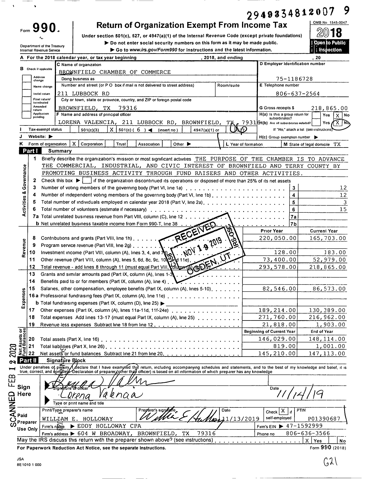 Image of first page of 2018 Form 990O for Brownfield Chamber of Commerce