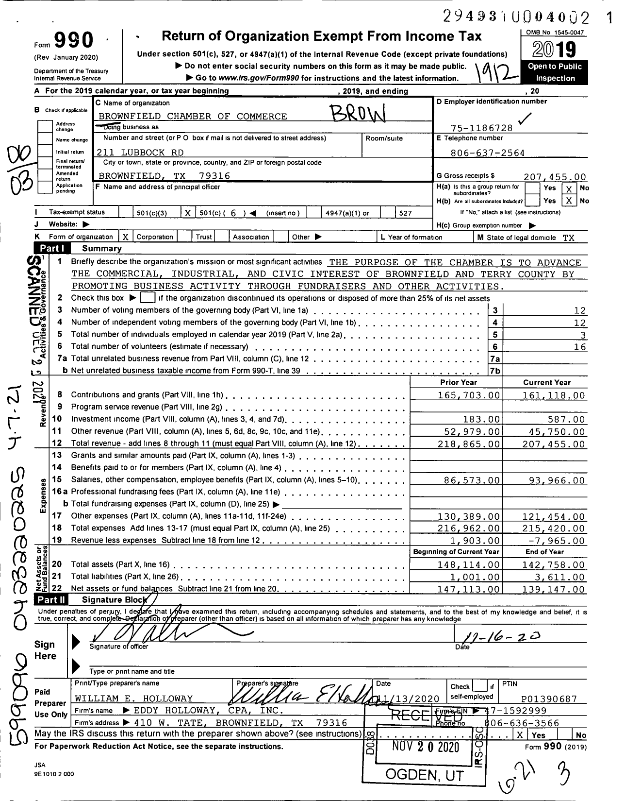 Image of first page of 2019 Form 990O for Brownfield Chamber of Commerce