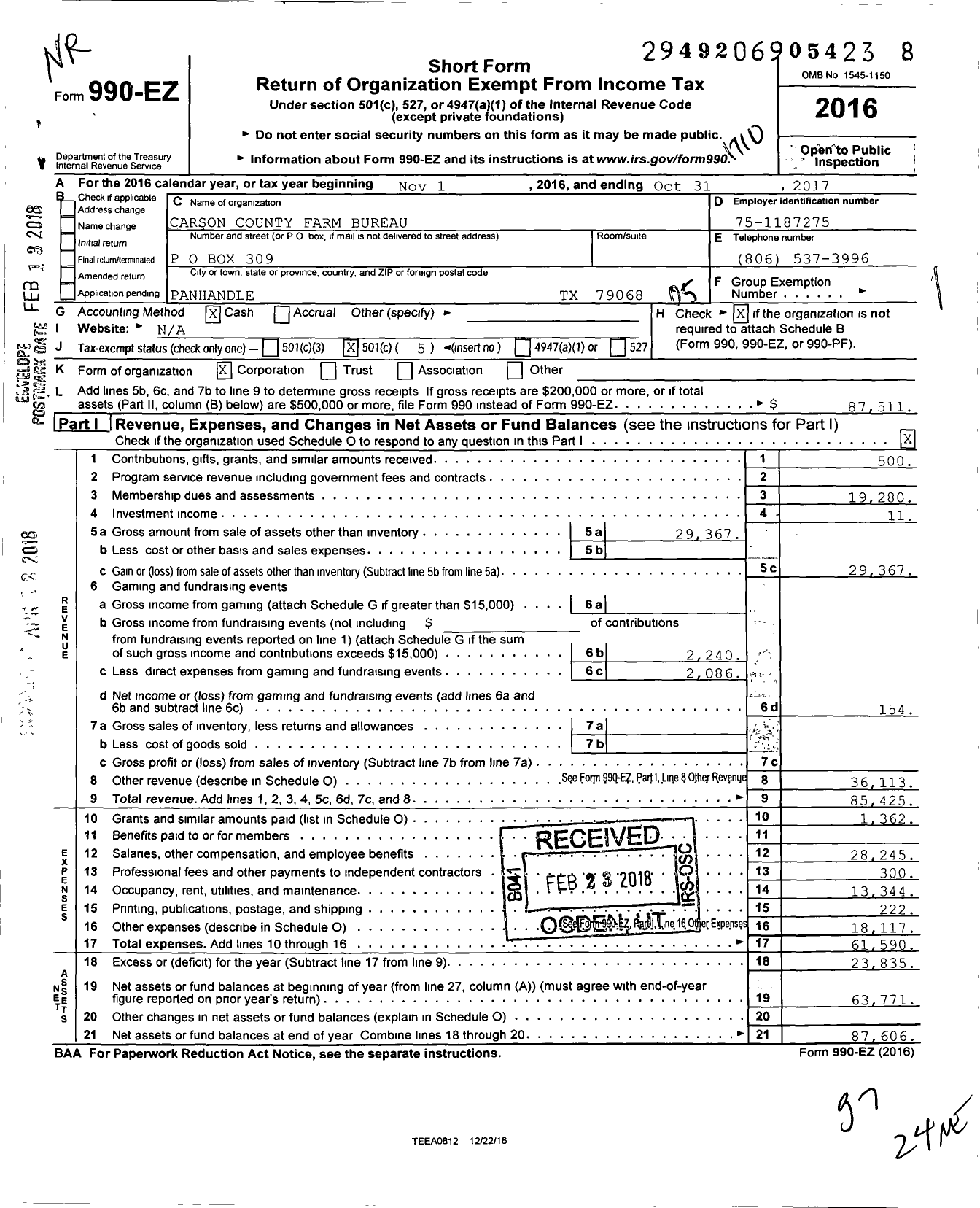 Image of first page of 2016 Form 990EO for Carson County Farm Bureau