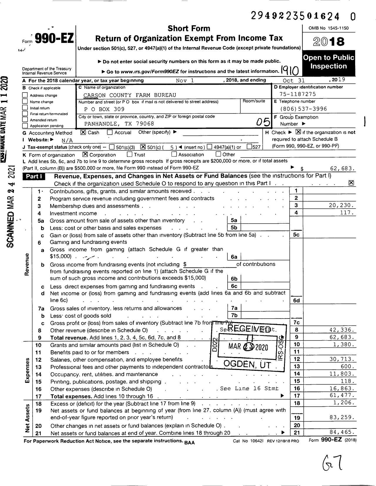 Image of first page of 2018 Form 990EO for Carson County Farm Bureau