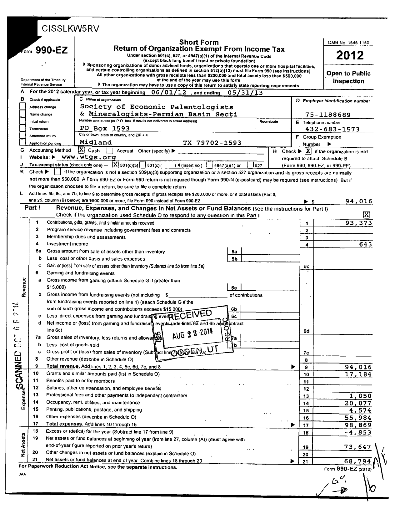 Image of first page of 2012 Form 990EZ for Society of Economic Palentologists and Mineralogists Permian Basin Sect