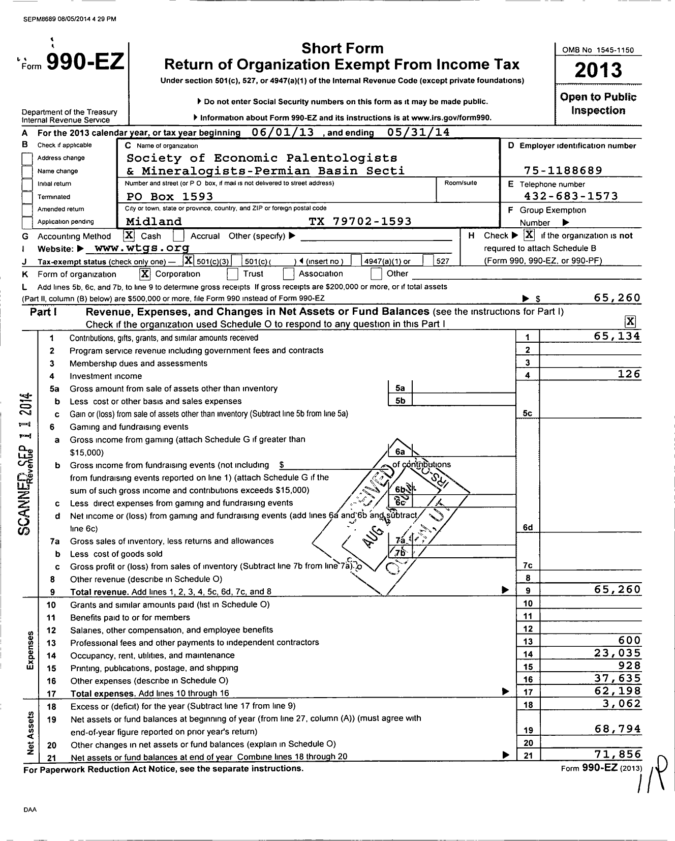 Image of first page of 2013 Form 990EZ for Society of Economic Palentologists and Mineralogists Permian Basin Sect