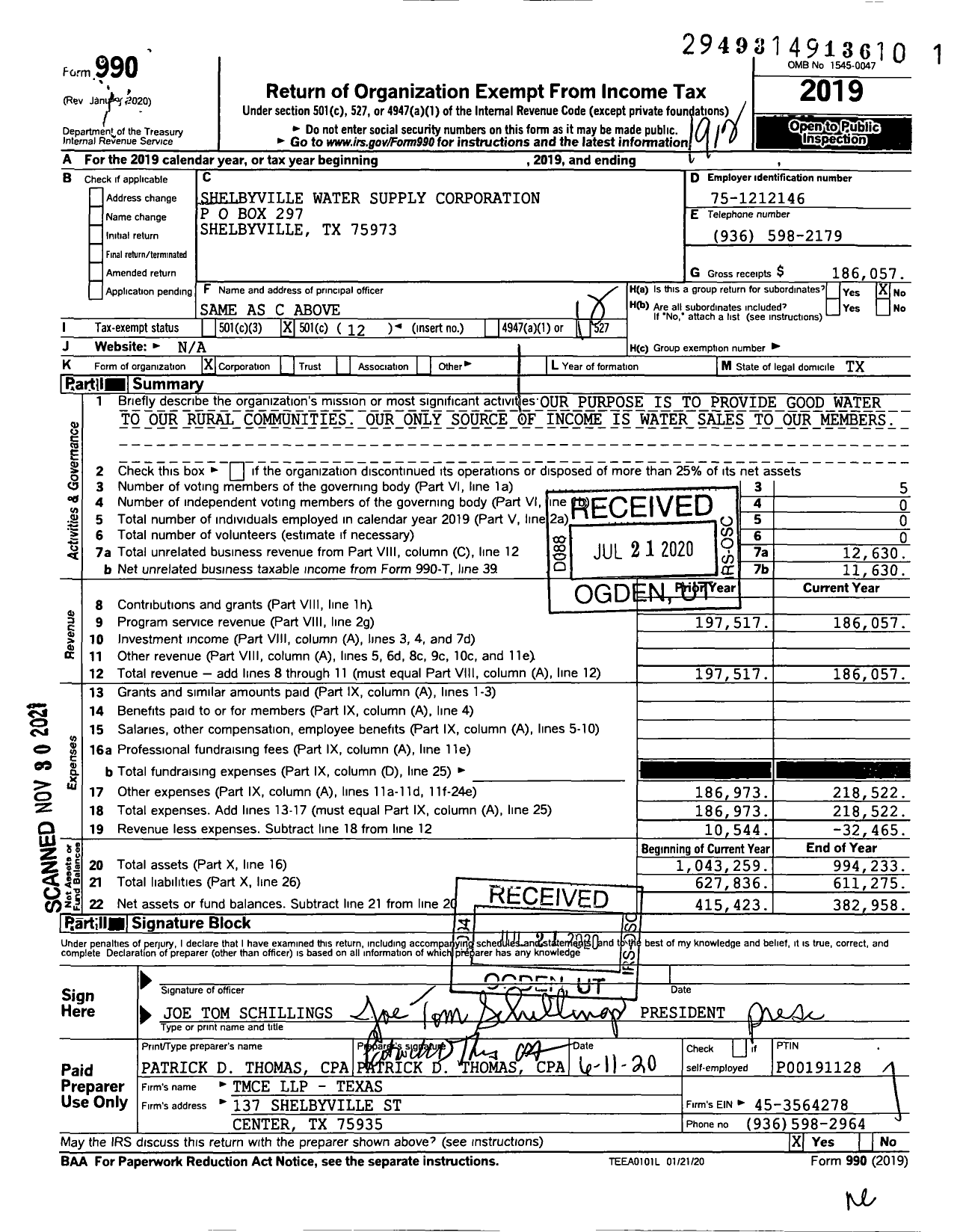 Image of first page of 2019 Form 990O for Shelbyville Water Supply Corporation