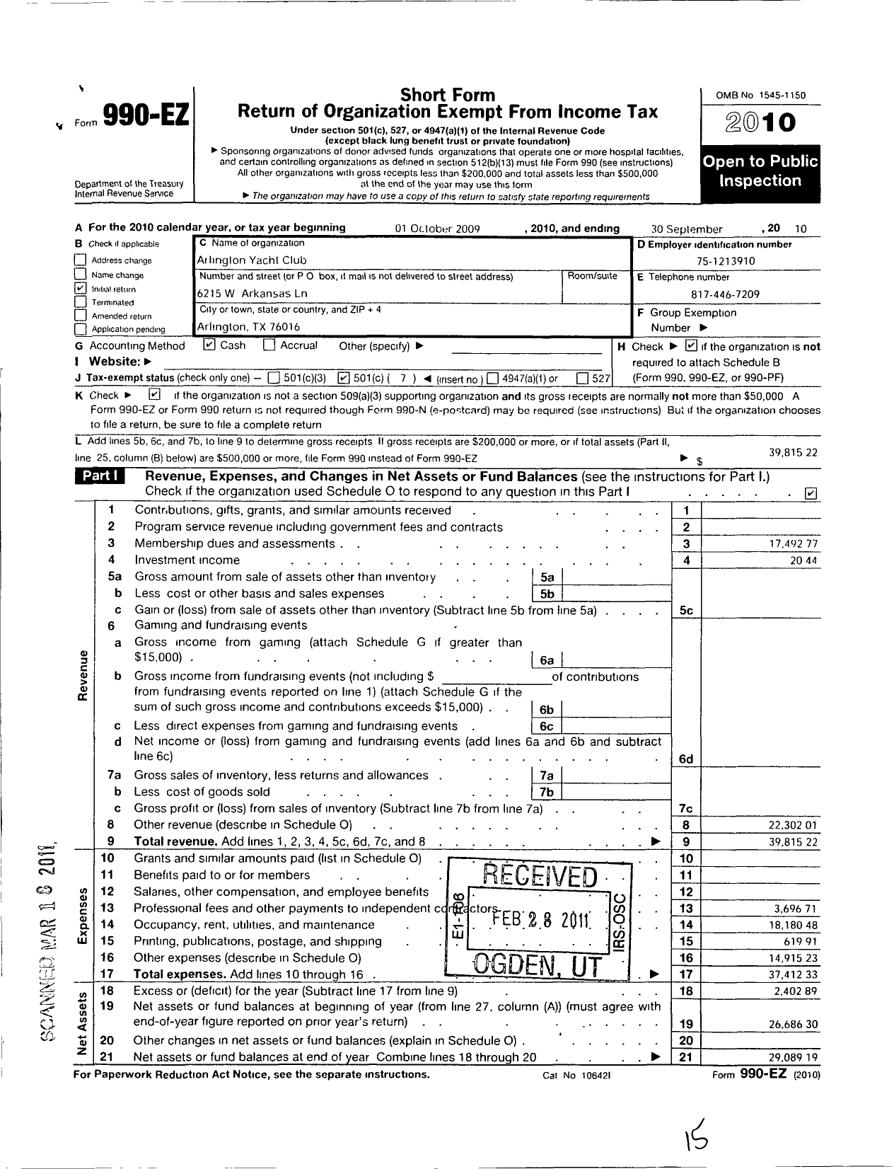 Image of first page of 2009 Form 990EO for Arlington Yacht Club