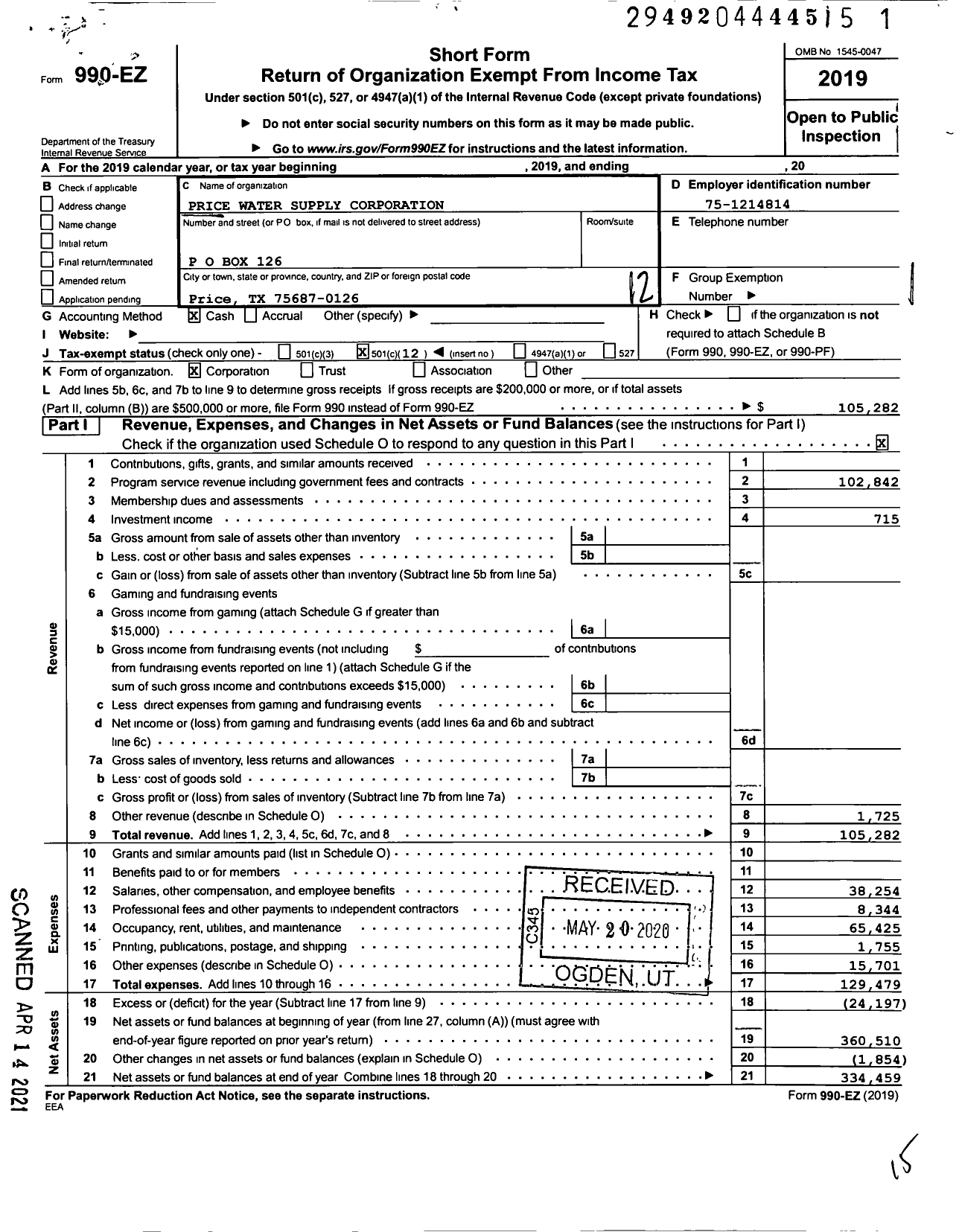 Image of first page of 2019 Form 990EO for Price Water Supply Corporation