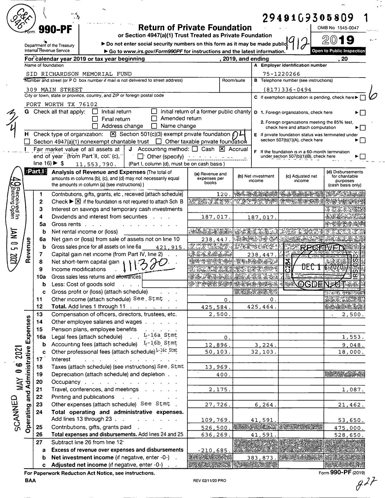 Image of first page of 2019 Form 990PF for Sid Richardson Memorial Fund