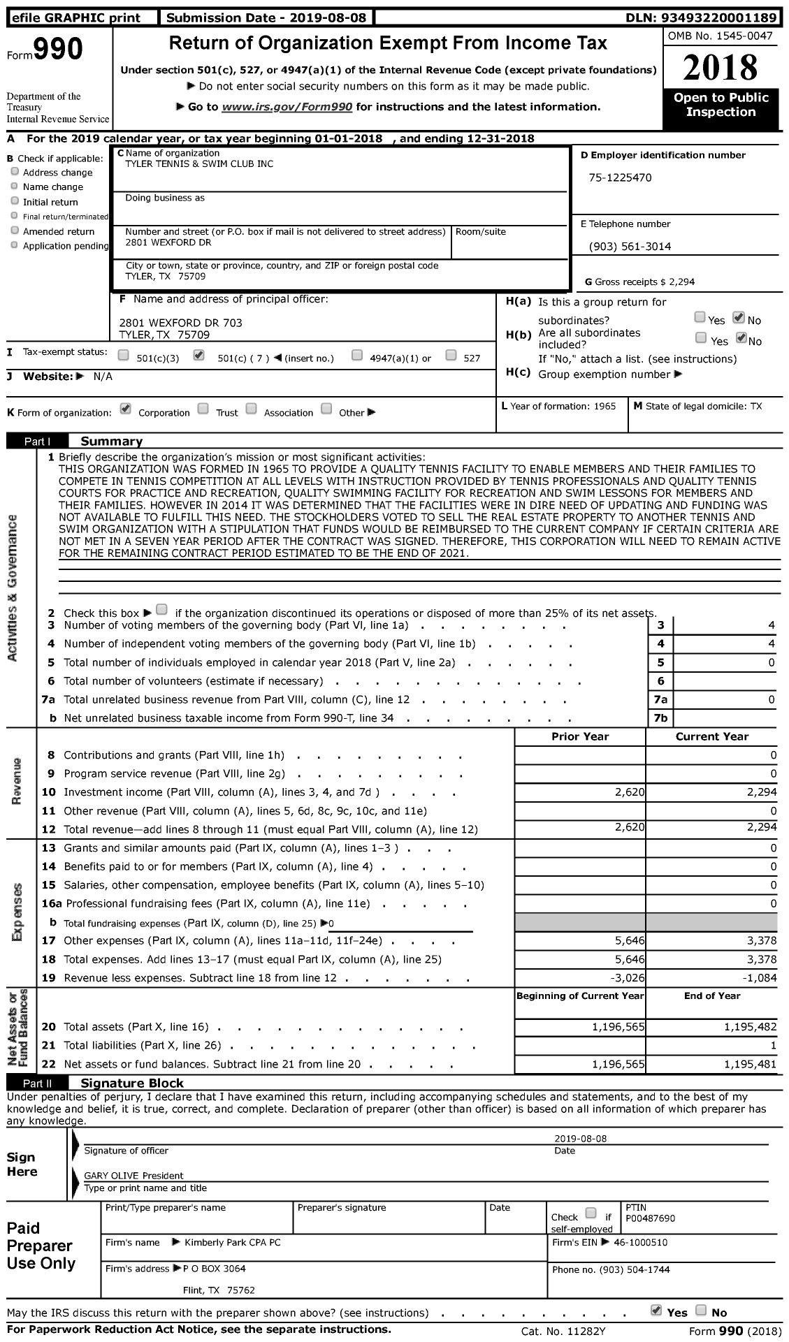 Image of first page of 2018 Form 990 for Tyler Tennis and Swim Club