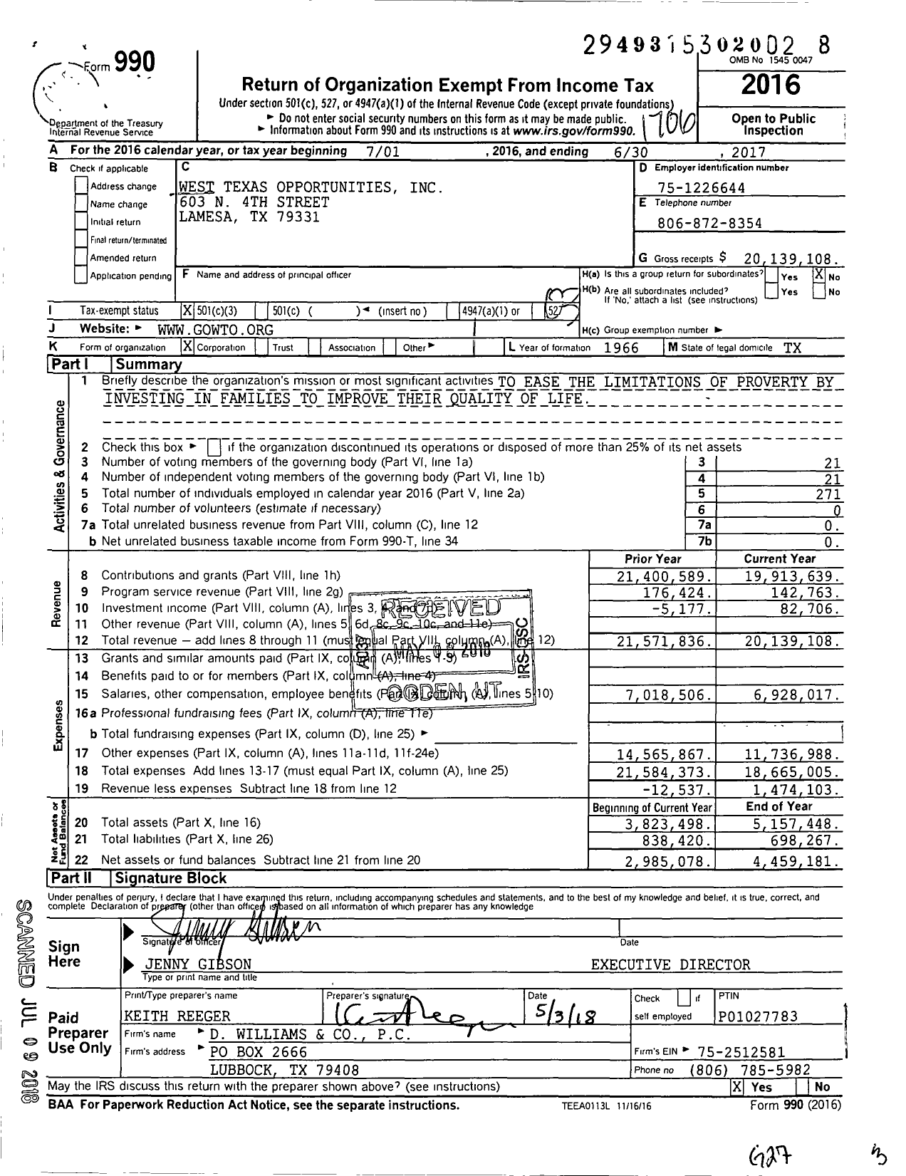 Image of first page of 2016 Form 990 for West Texas Opportunities (WTO)