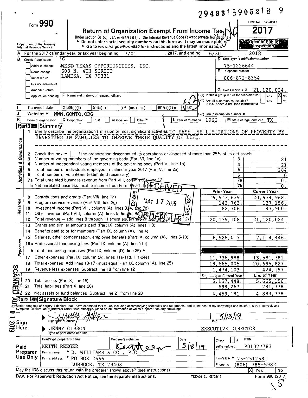 Image of first page of 2017 Form 990 for West Texas Opportunities (WTO)