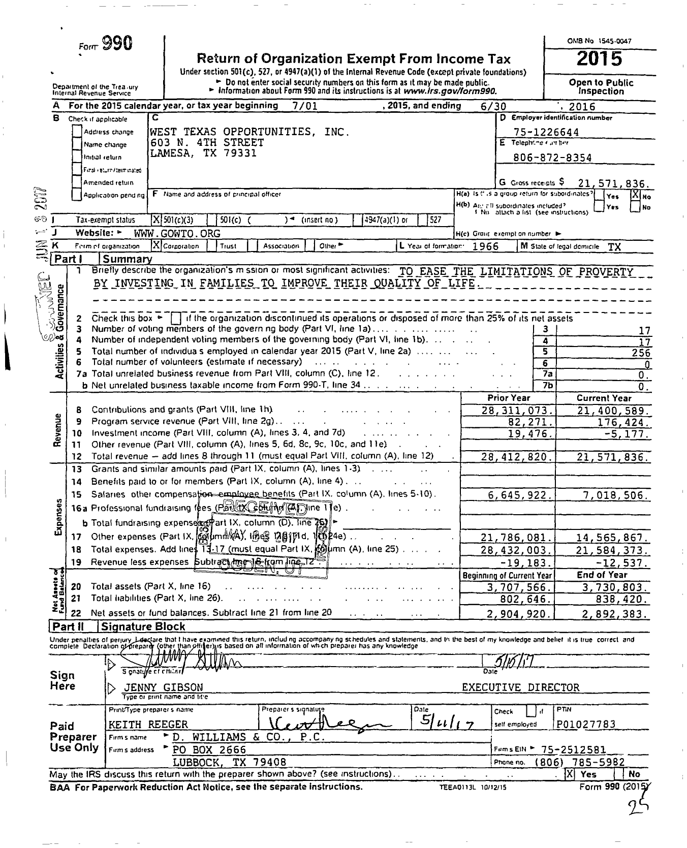 Image of first page of 2015 Form 990 for West Texas Opportunities (WTO)