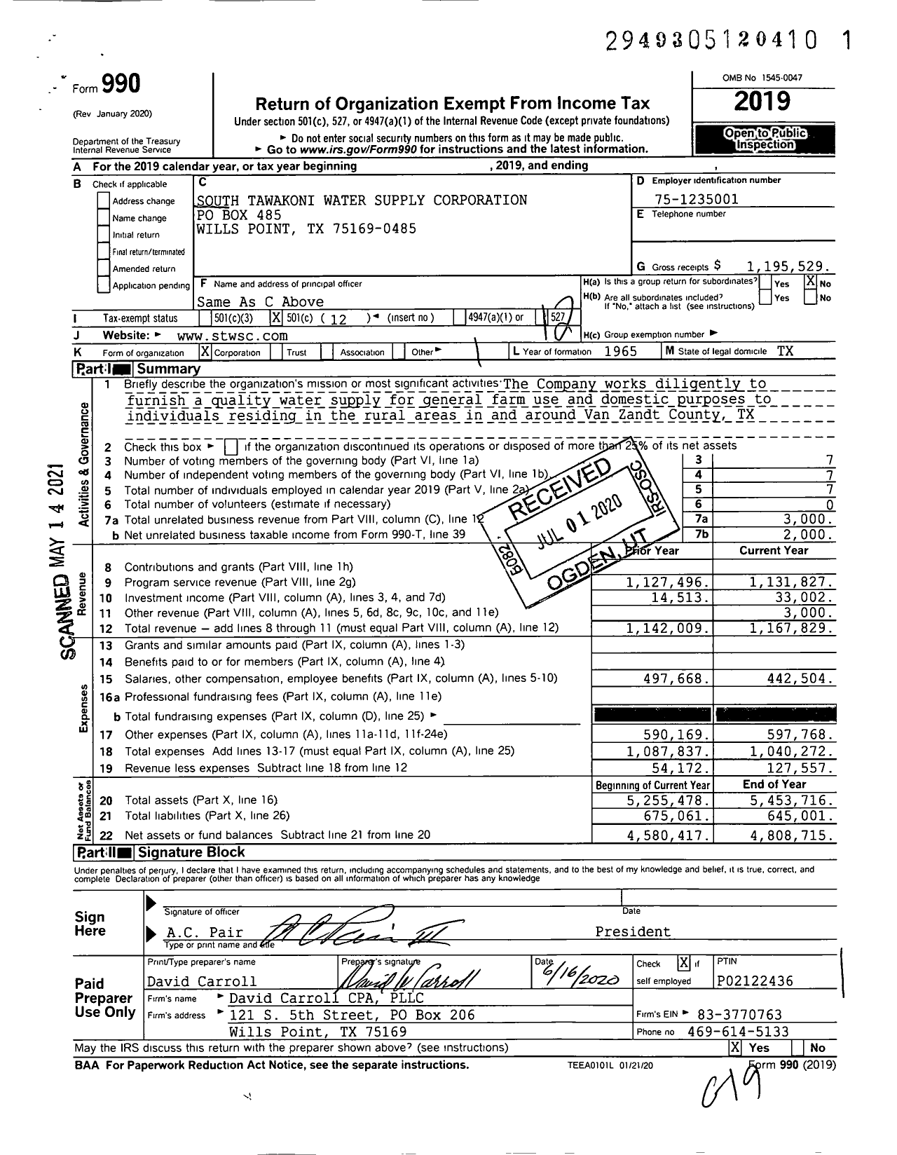 Image of first page of 2019 Form 990O for South Tawakoni Water Supply Corporation