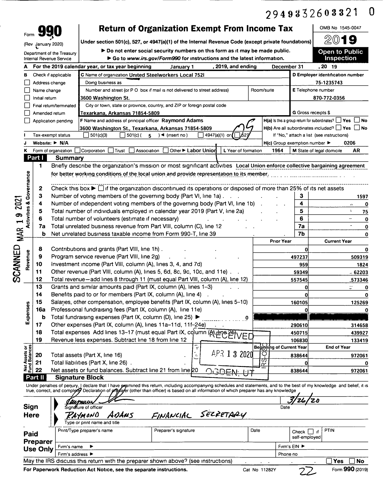 Image of first page of 2019 Form 990O for United Steelworkers - Local Union 752