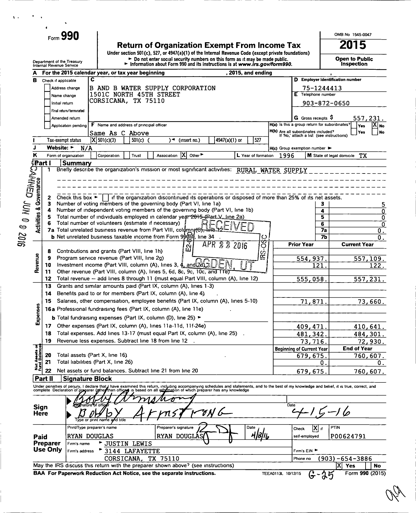 Image of first page of 2015 Form 990 for B and B Water Supply Corporation