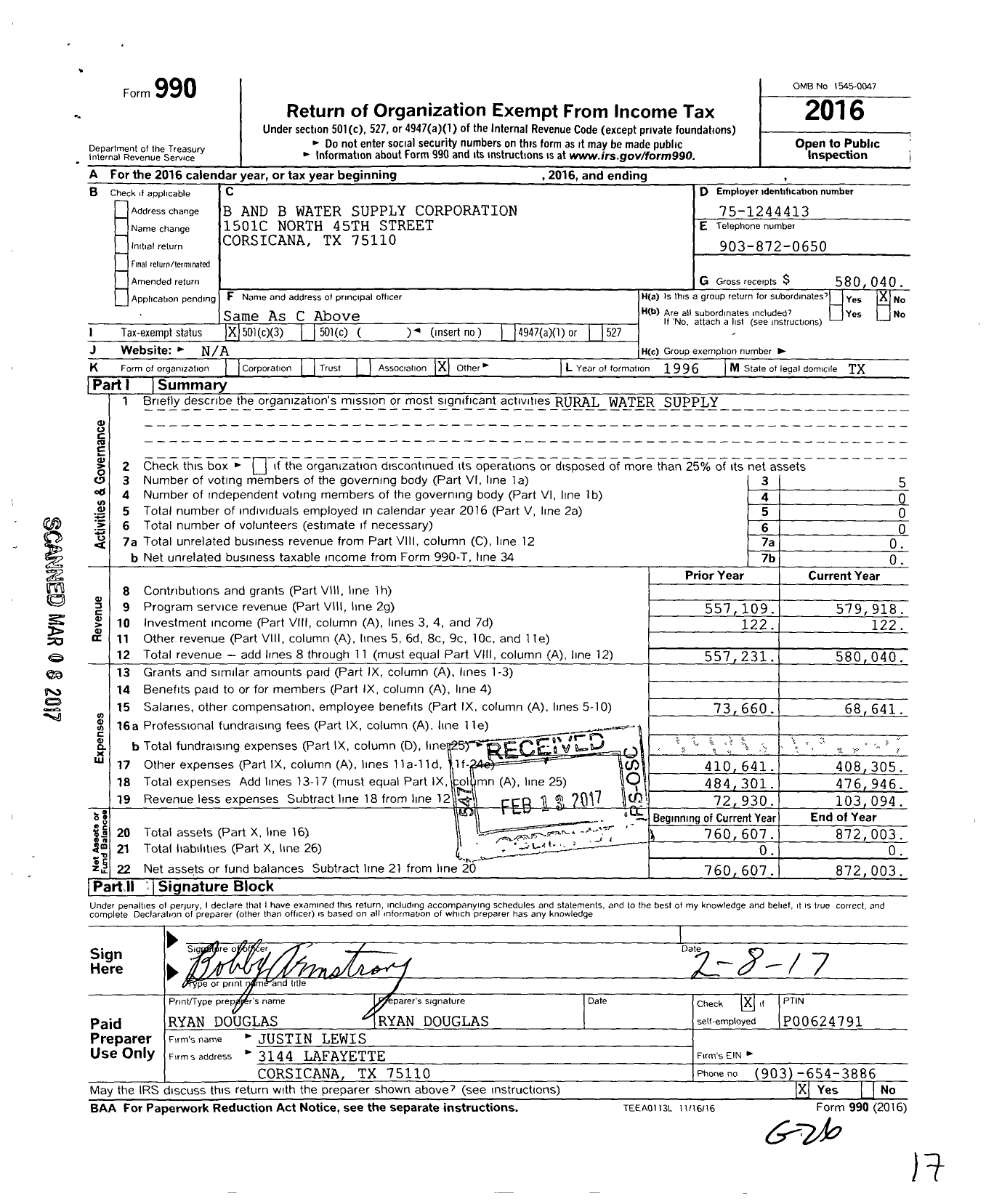 Image of first page of 2016 Form 990 for B and B Water Supply Corporation