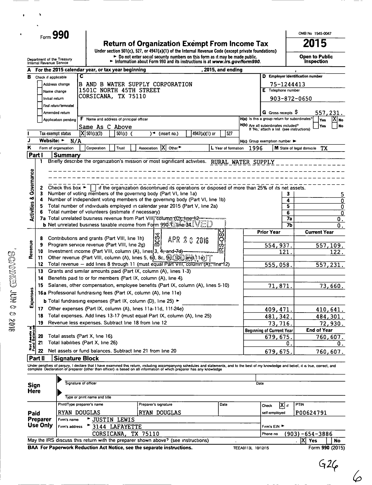 Image of first page of 2015 Form 990 for B and B Water Supply Corporation