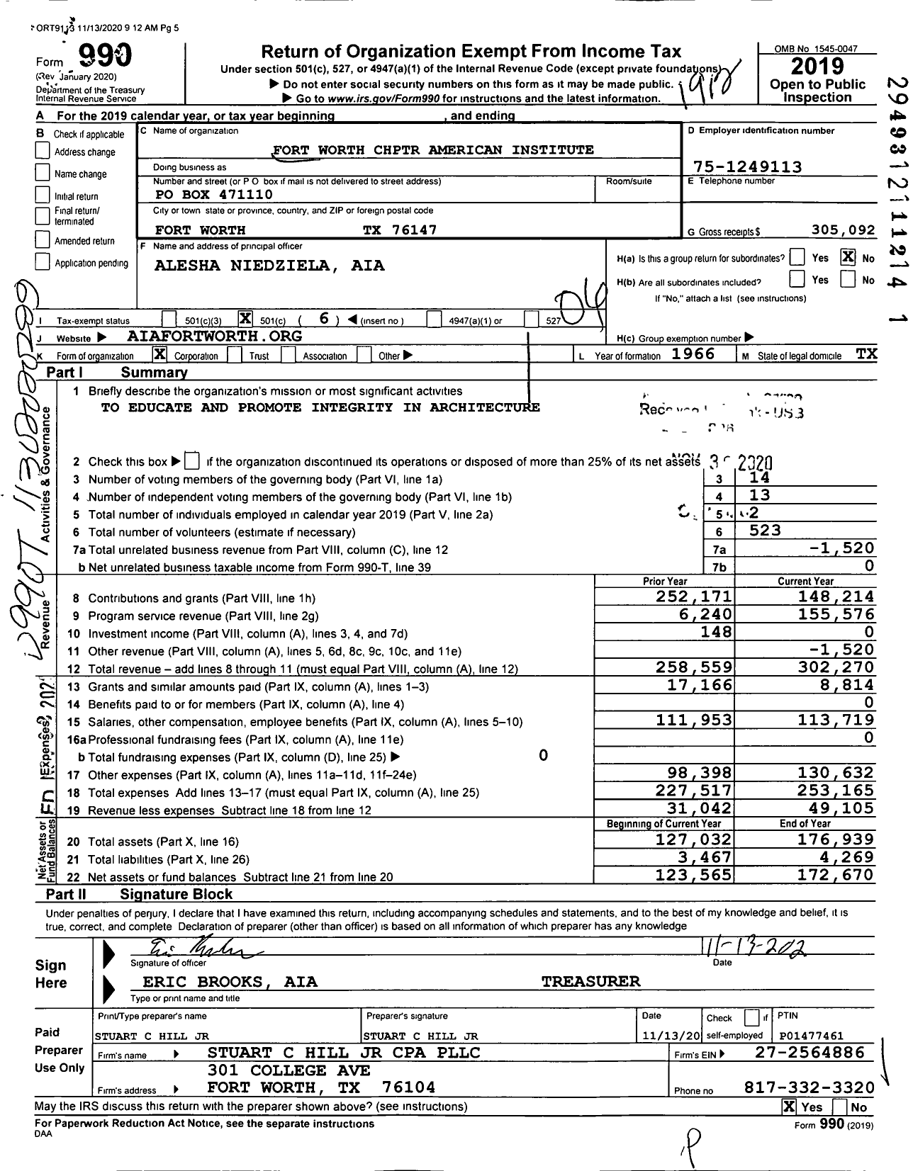 Image of first page of 2019 Form 990O for Fort Worth CHPTR American Institute