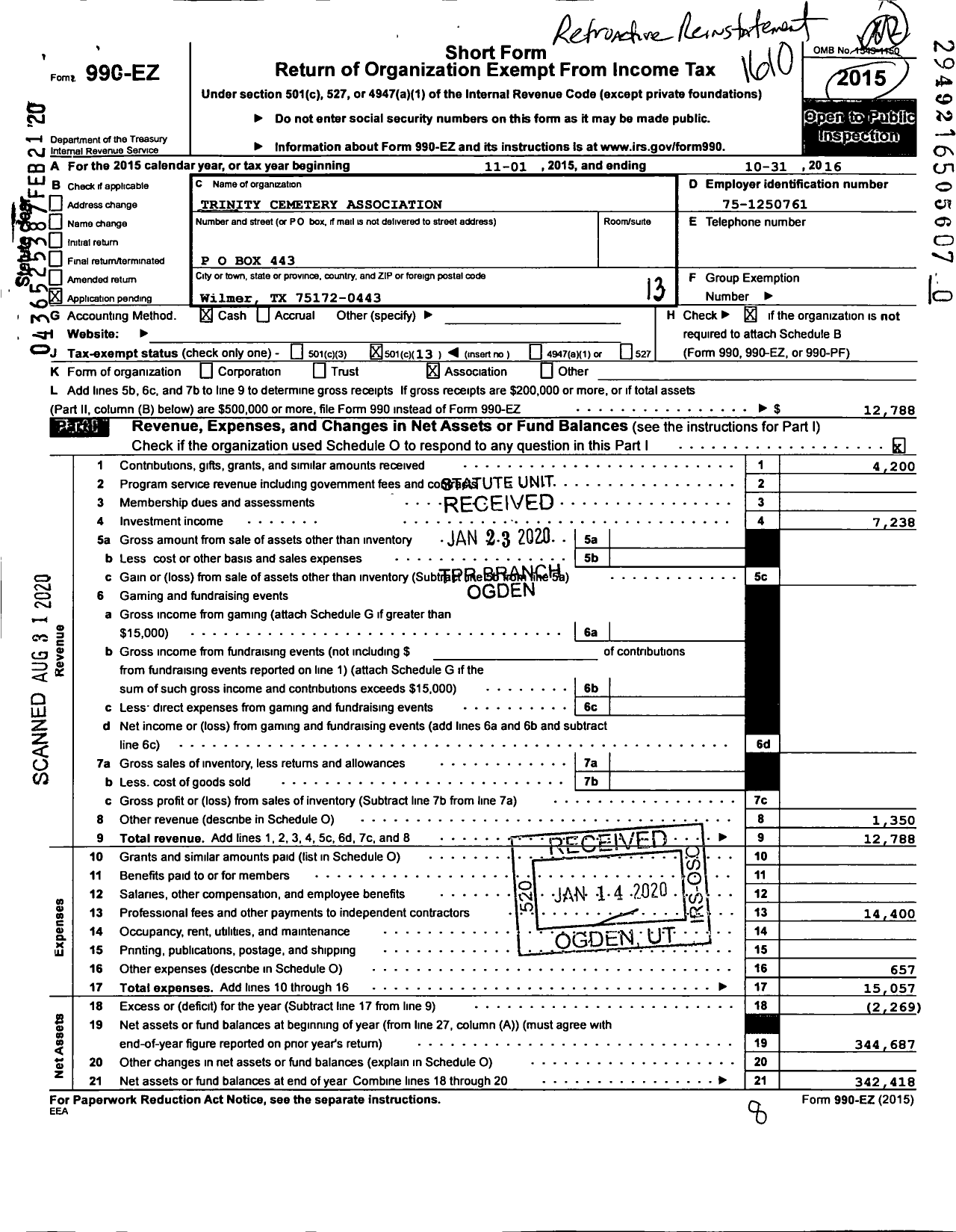 Image of first page of 2015 Form 990EO for Trinity Cemetery Association