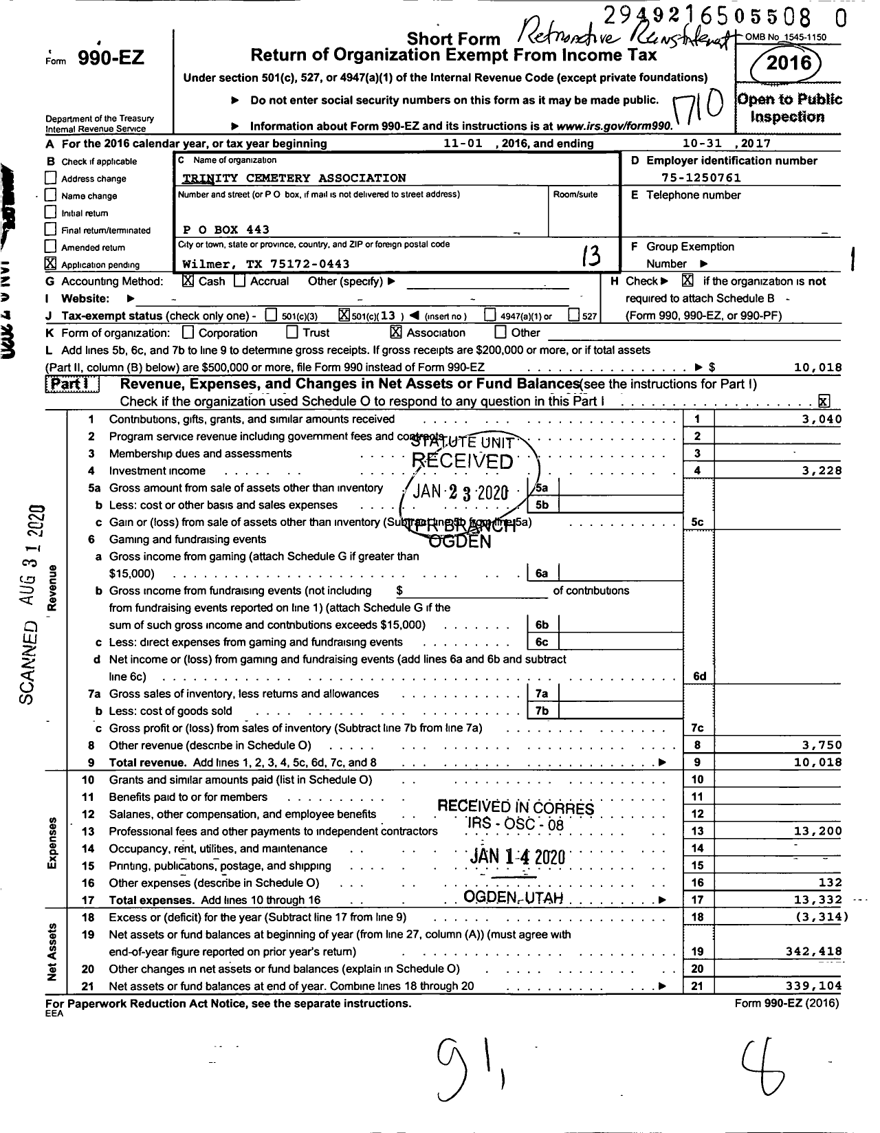 Image of first page of 2016 Form 990EO for Trinity Cemetery Association