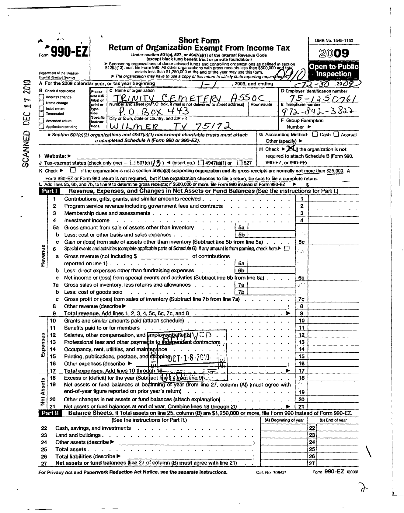 Image of first page of 2008 Form 990EO for Trinity Cemetery Association