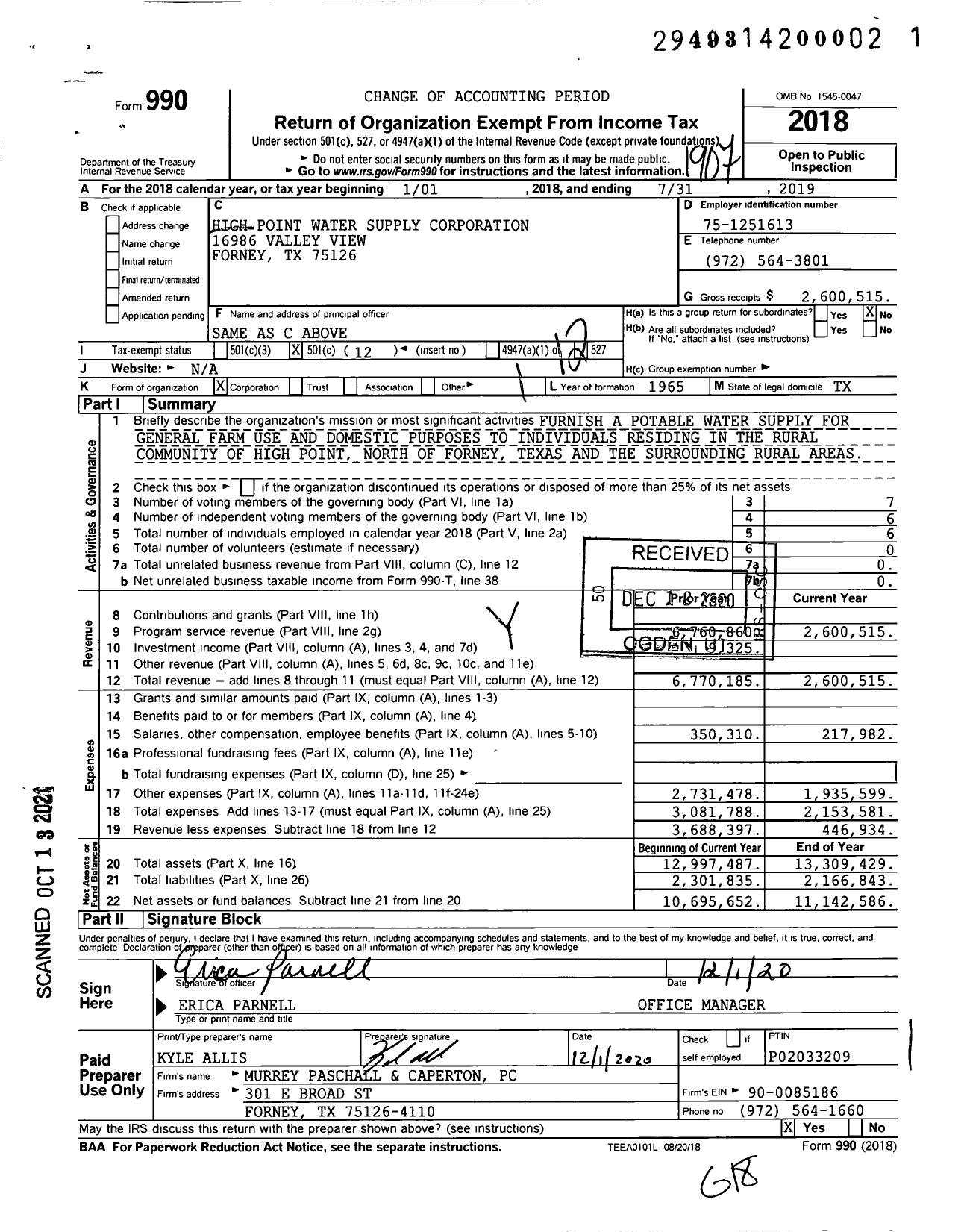 Image of first page of 2018 Form 990O for High Point Water Supply Corporation