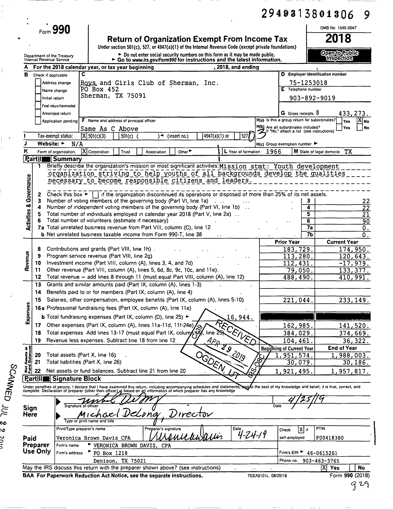 Image of first page of 2018 Form 990 for Boys and Girls Clubs of Sherman