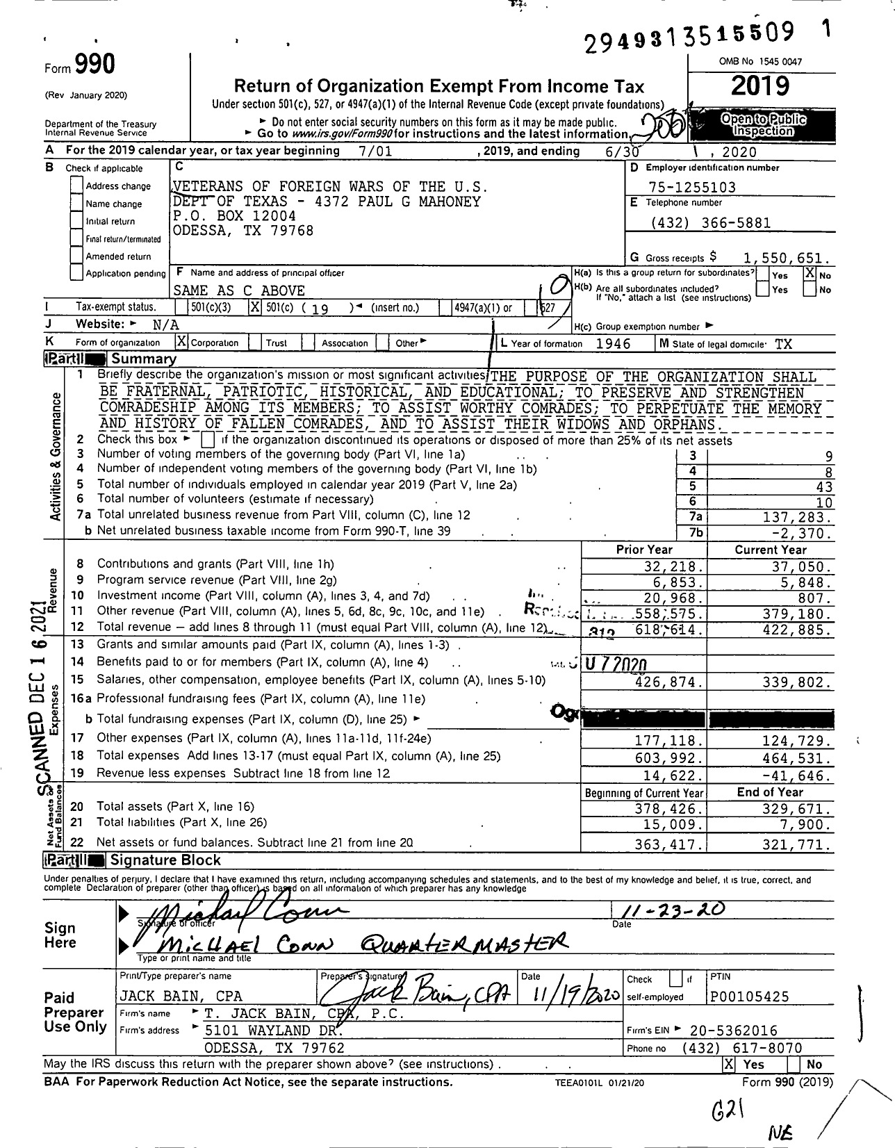 Image of first page of 2019 Form 990O for Texas VFW - 4372 Paul G Mahoney