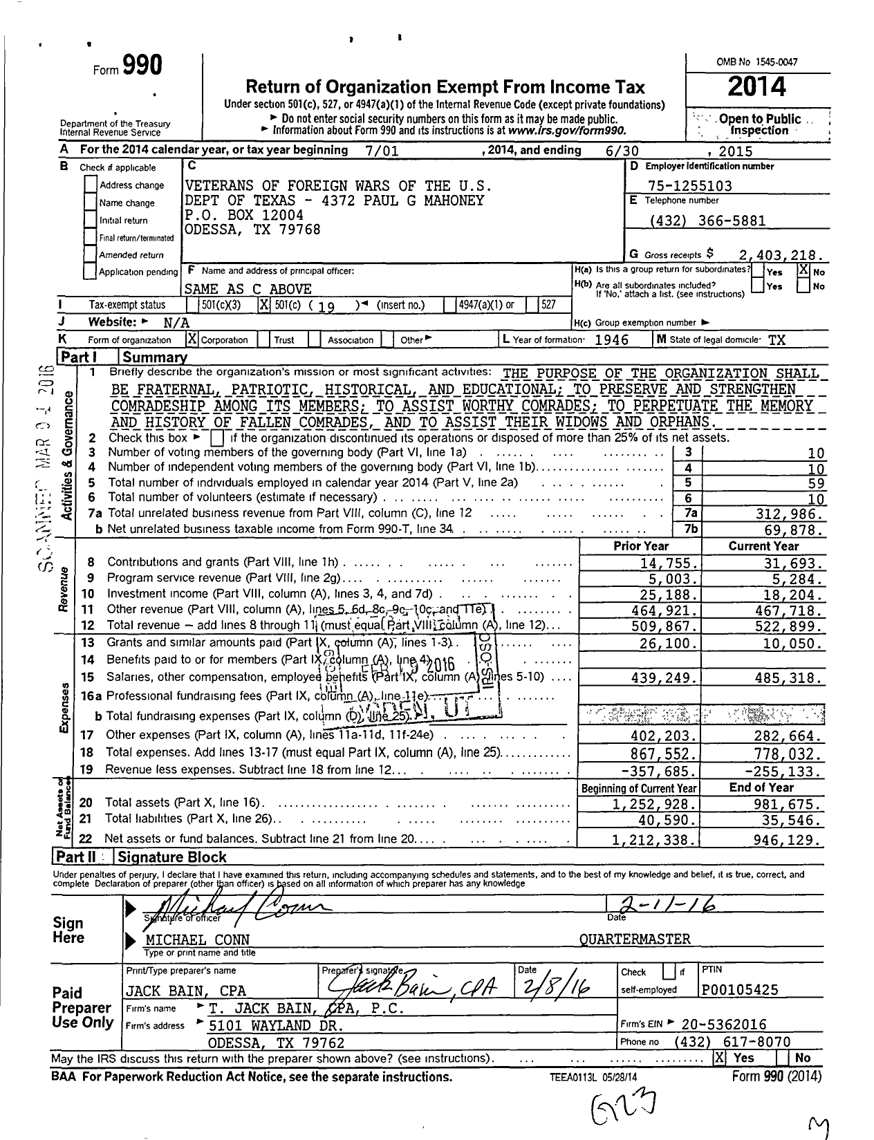 Image of first page of 2050 Form 990O for Texas VFW - 4372 Paul G Mahoney