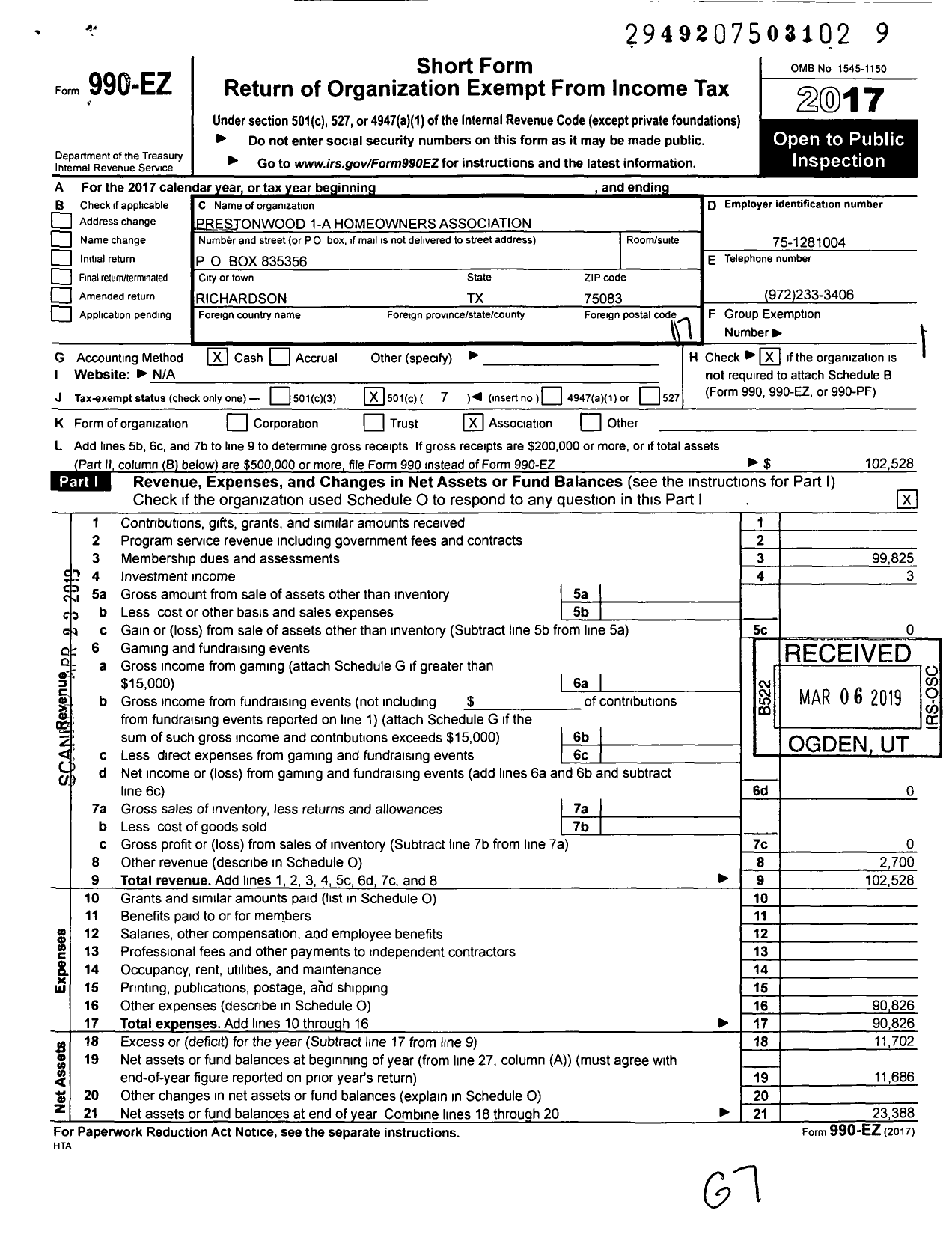 Image of first page of 2017 Form 990EO for Prestonwood 1-a Homeowners Association