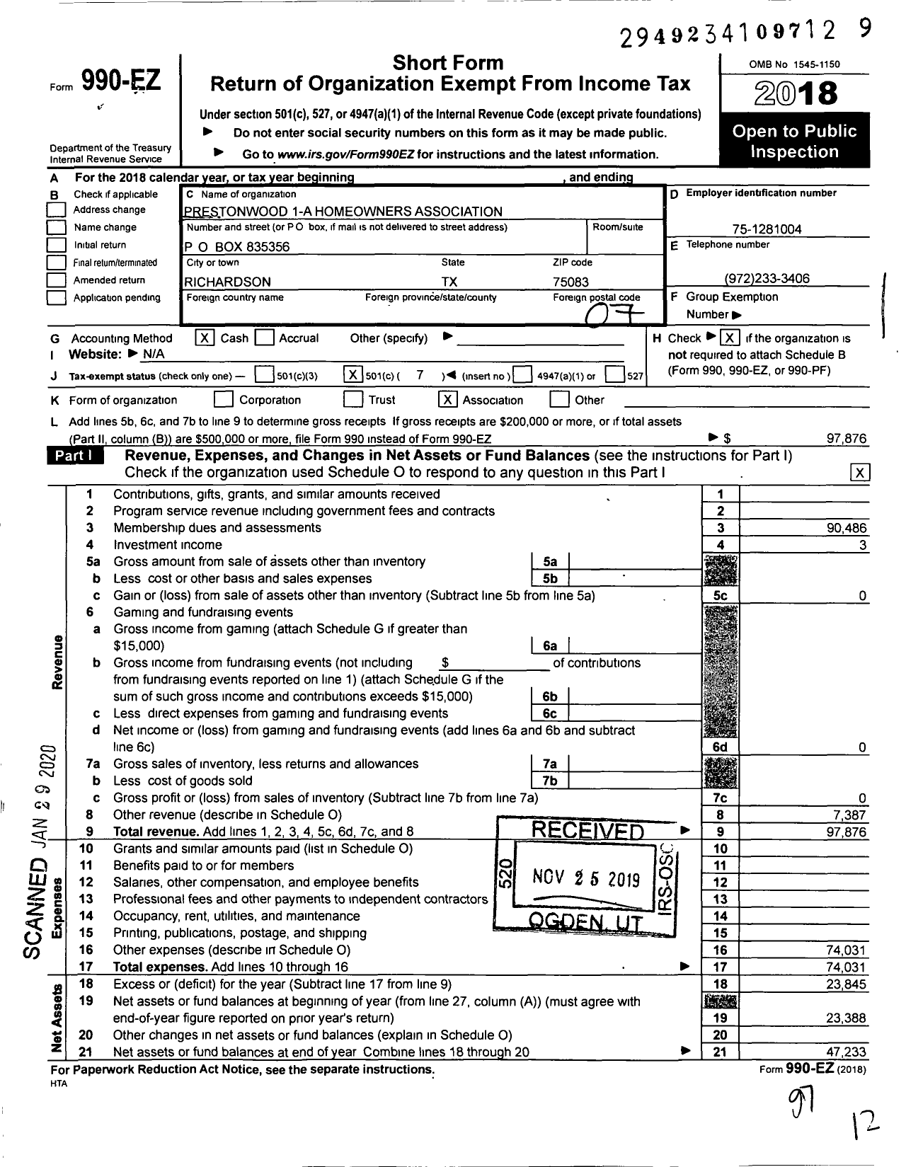 Image of first page of 2018 Form 990EO for Prestonwood 1-a Homeowners Association