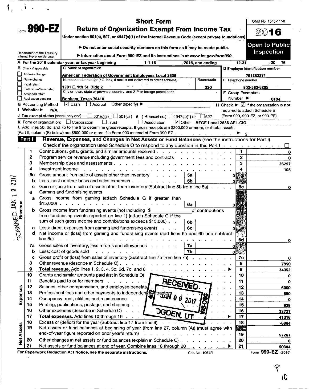 Image of first page of 2016 Form 990EO for American Federation of Government Employees - 2836 Local Afge Va