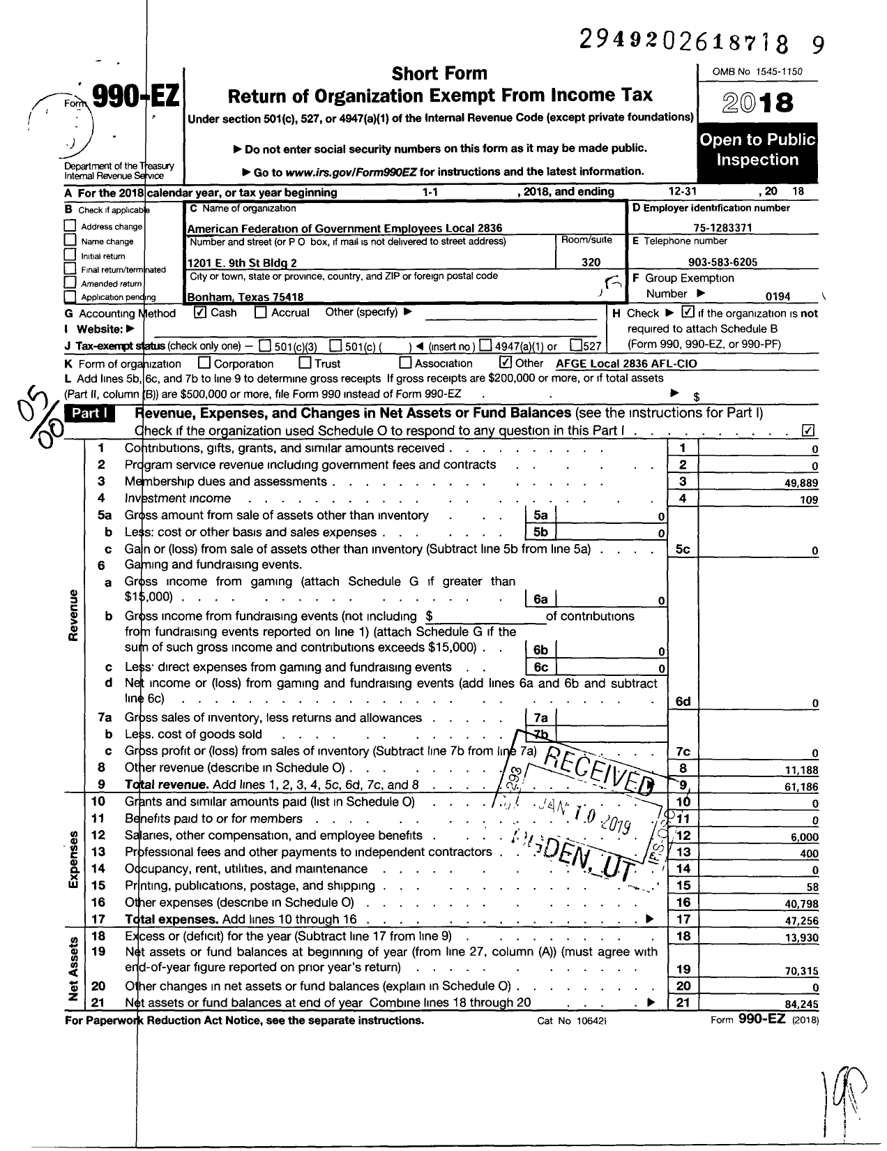 Image of first page of 2018 Form 990EO for American Federation of Government Employees - 2836 Local Afge Va